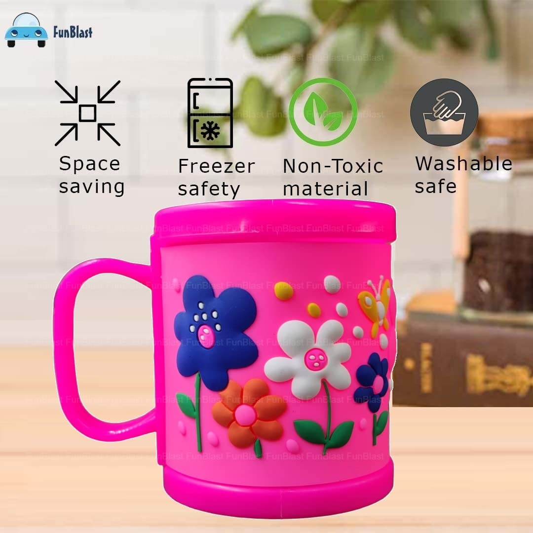 FunBlast Kids Milk Mug with Cartoon Flower Design - 350ML BPA-Free Plastic Drinking Cup for Girls & Boys - Perfect Birthday Gift, Party Favors & Daily Use at Home or School (Pink)