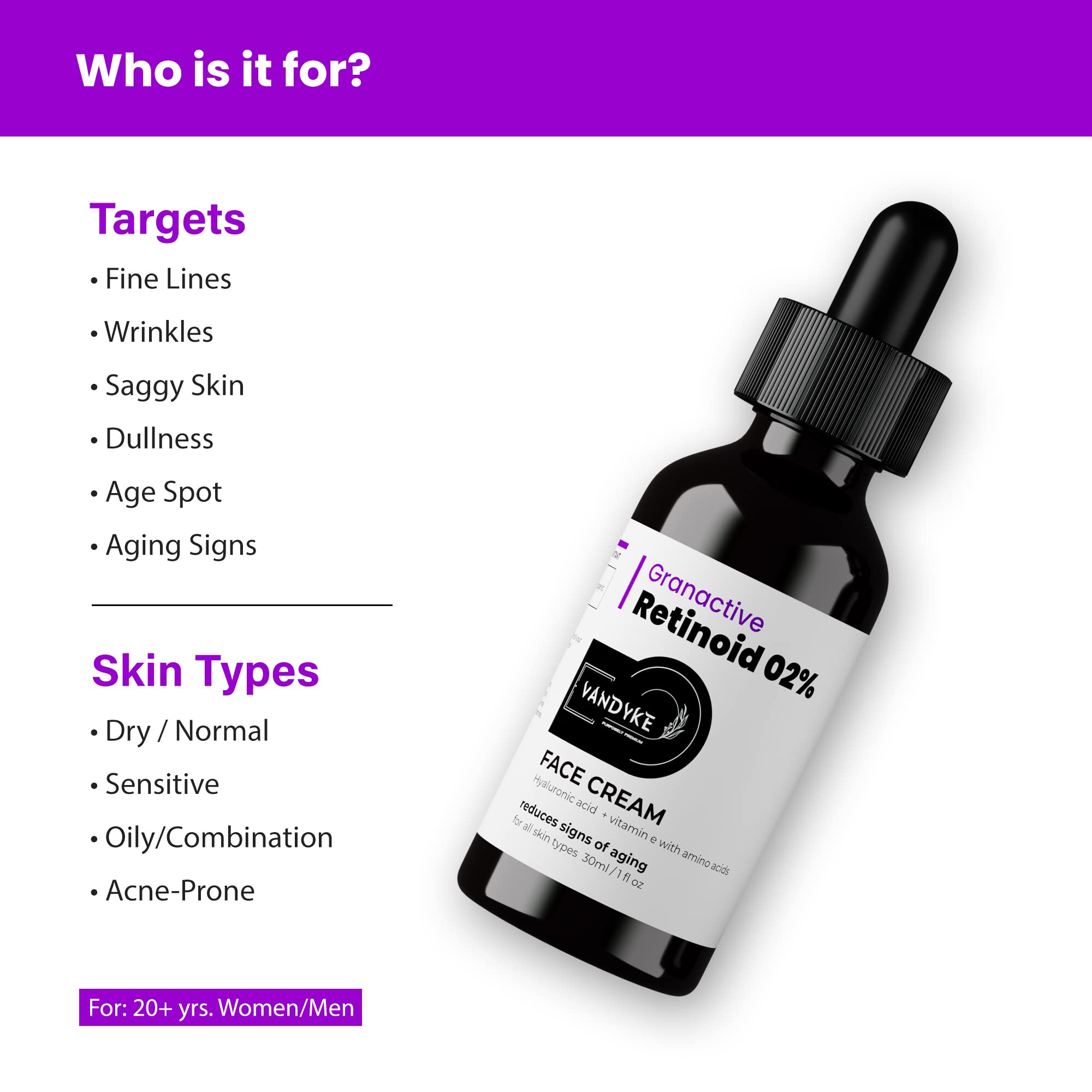Vandyke 2% Granactive Retinoid Anti-Aging Face Serum for Fine Lines & Wrinkles - 30ml - Brightening & Hydrating Facial Treatment for Daily Skincare Routine