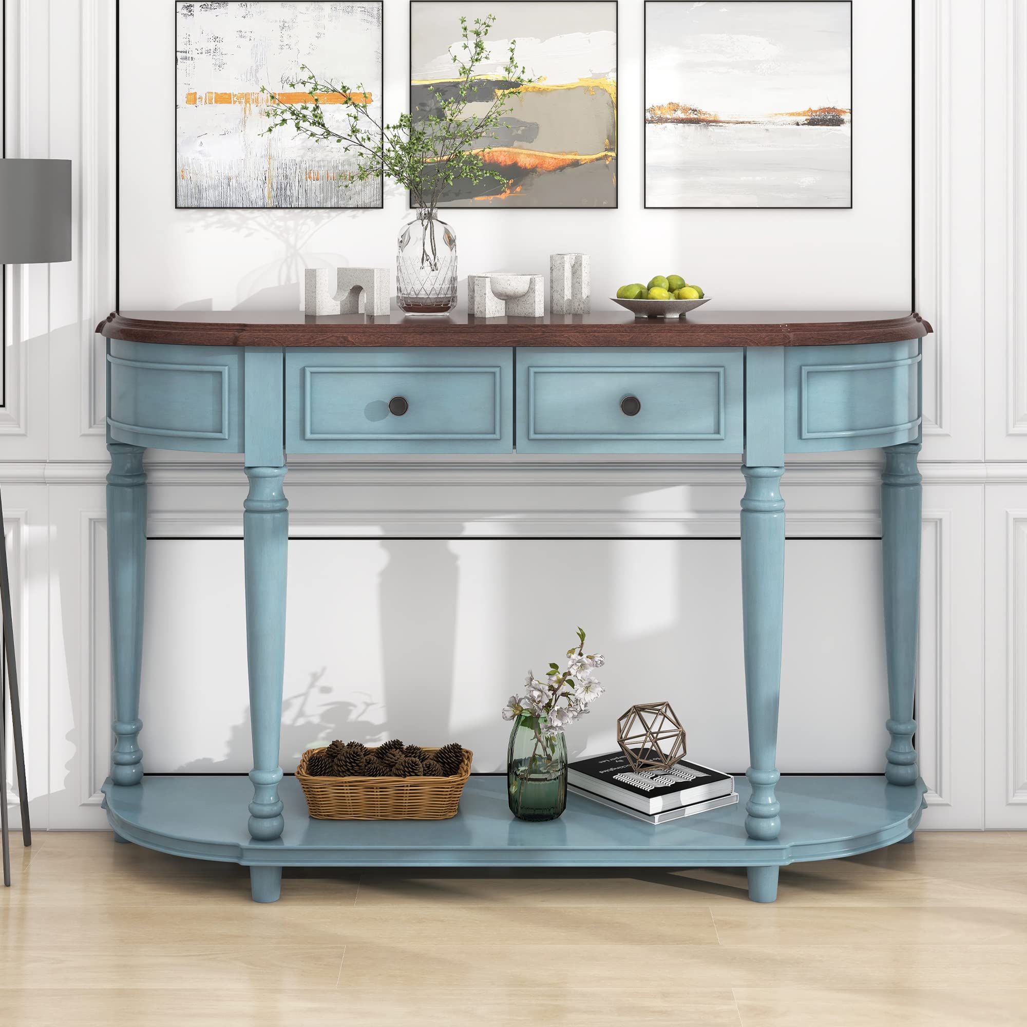 Vintage Round Curved Console Table with 2 Drawers & Bottom Shelf - Retro Sofa Table for Entryway, Hallway & Living Room - Antique Style Storage Sideboard for Home Decor & Small Space Organization