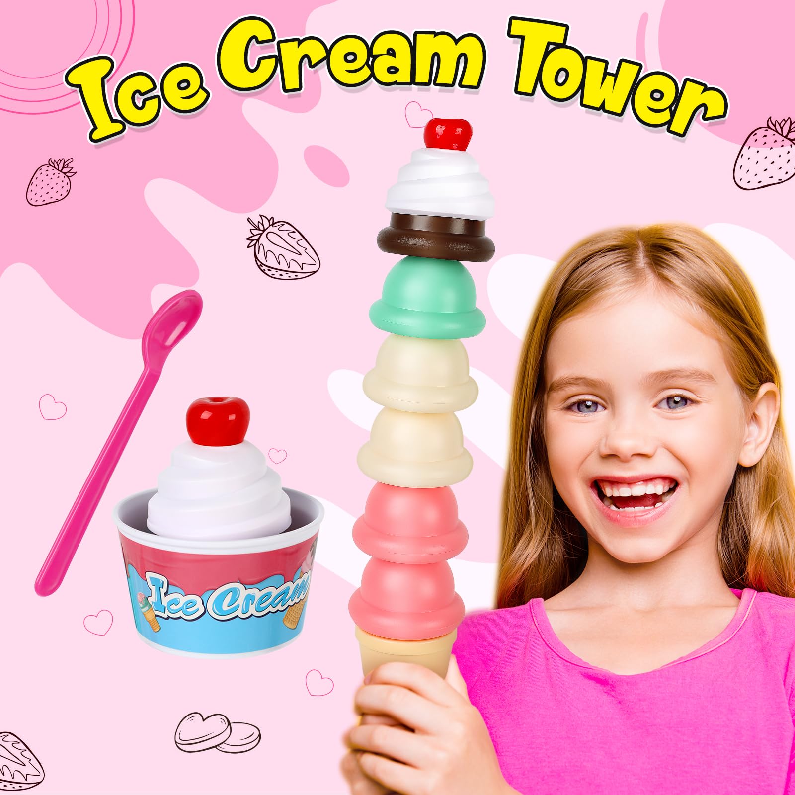 Torlam Kids Pretend Play Ice Cream Cart Toy Set - Interactive Ice Cream Shop Counter with Scoop & Cone Maker - Educational Grocery Store Playset for Toddlers Ages 3-6 (Boys & Girls) - Perfect for Birthday Gifts, Role Play & Early Learning Activities