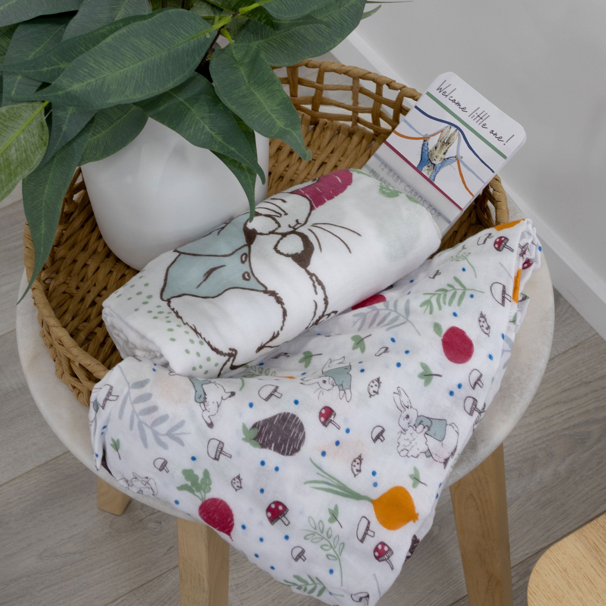 Peter Rabbit 'New Adventure' 2-Pack Muslin Swaddle Blankets & Milestone Cards Set - Blue | Soft Baby Swaddles for Newborns & Photo Props for First Year Memories | Perfect Baby Shower Gift & Nursery Essentials