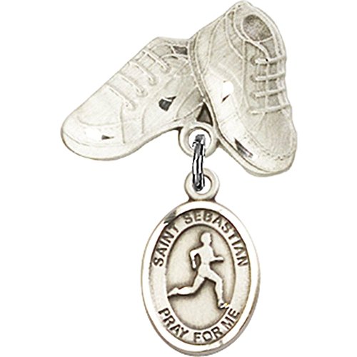 Sterling Silver Baby Badge with St. Sebastian Charm - Track & Field Baby Boots Pin (1