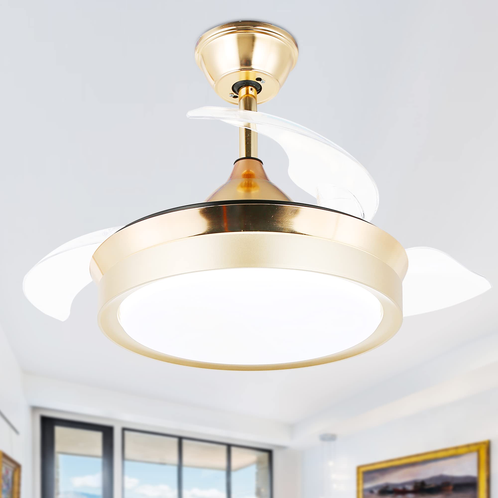 36 Inch Retractable Ceiling Fan with LED Light & Remote Control - Modern Dimmable 3-Color Blades for Bedroom, Living Room & Dining Room - Energy Efficient Gold Finish Home Cooling Solution for Year-Round Comfort