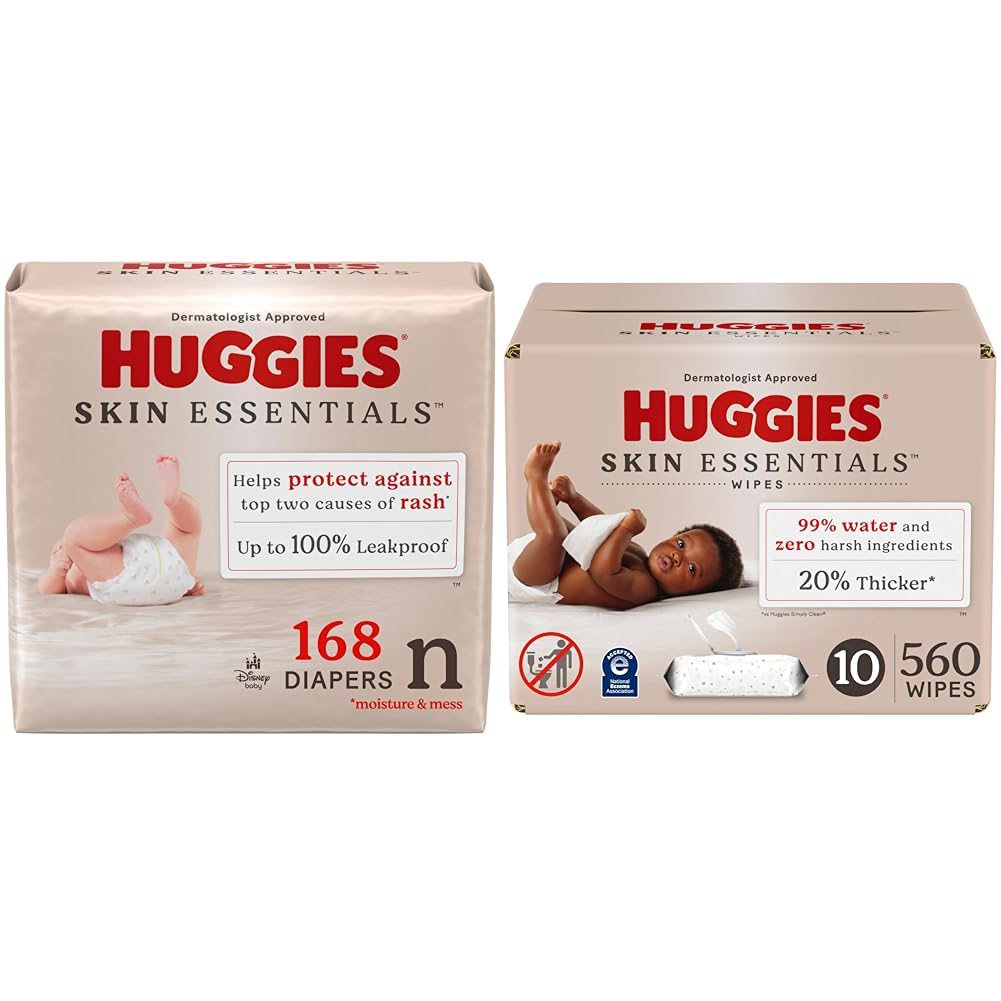 Huggies Newborn Diapers (Size 0, 6-9 lbs) & Baby Wipes Bundle - 168 Count Diapers + 560 Wipes (10 Packs), 99% Water, Hypoallergenic for Sensitive Skin | Perfect for Newborn Care, Hospital Bag, Baby Shower Gifts & Daily Diaper Changes