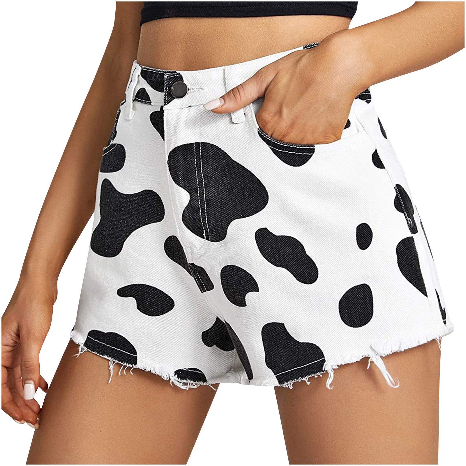 Women's High Waist Printed Cow Shorts Jeans with Pockets - Summer Fashion Denim Shorts for Casual Wear, Beach Outings & Outdoor Activities