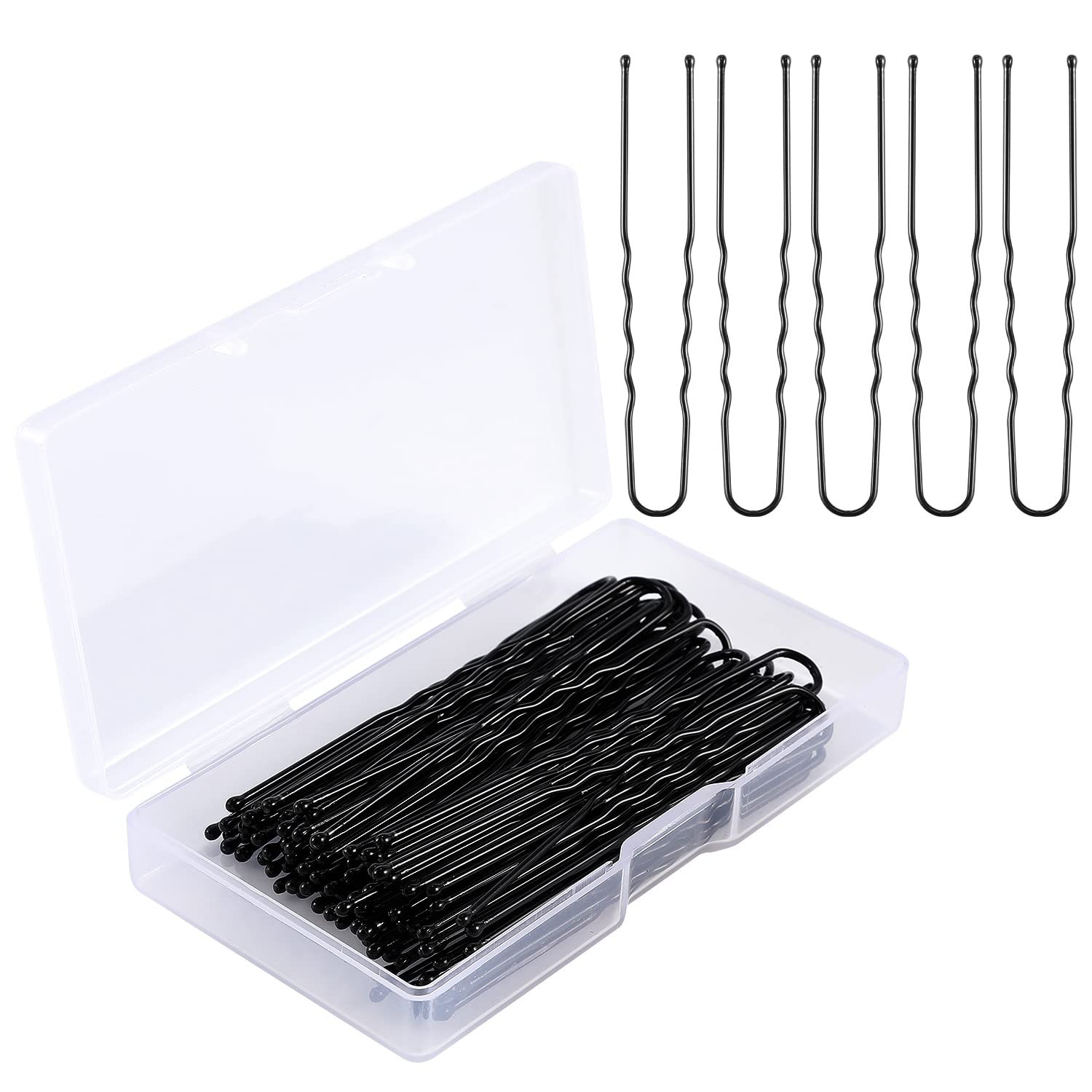KINBOM 50pcs U-Shaped Hairpins for Women - 2.7 Inch Hair Styling Bobby Pins, Decorative Metal U Hair Clips for All Hair Types - Wedding, Party & Everyday Hairstyles - Includes Clear Storage Box (Black)