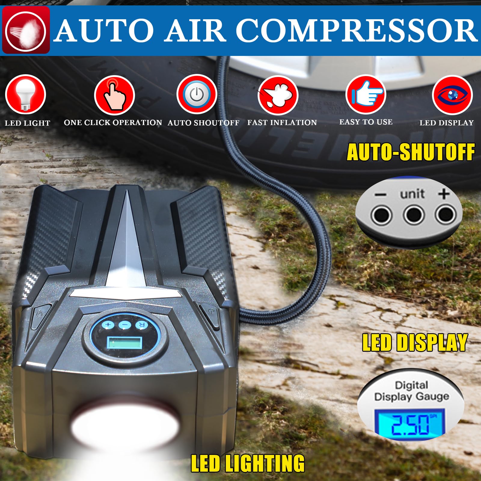 Kewen Car Emergency Kit - 12V Digital Air Compressor, Jumper Cables & Reflective Triangle | Roadside Assistance Safety Kit for Road Trips & Vehicle Breakdowns | Essential Auto Accessories for Winter Driving & Long Distance Travel