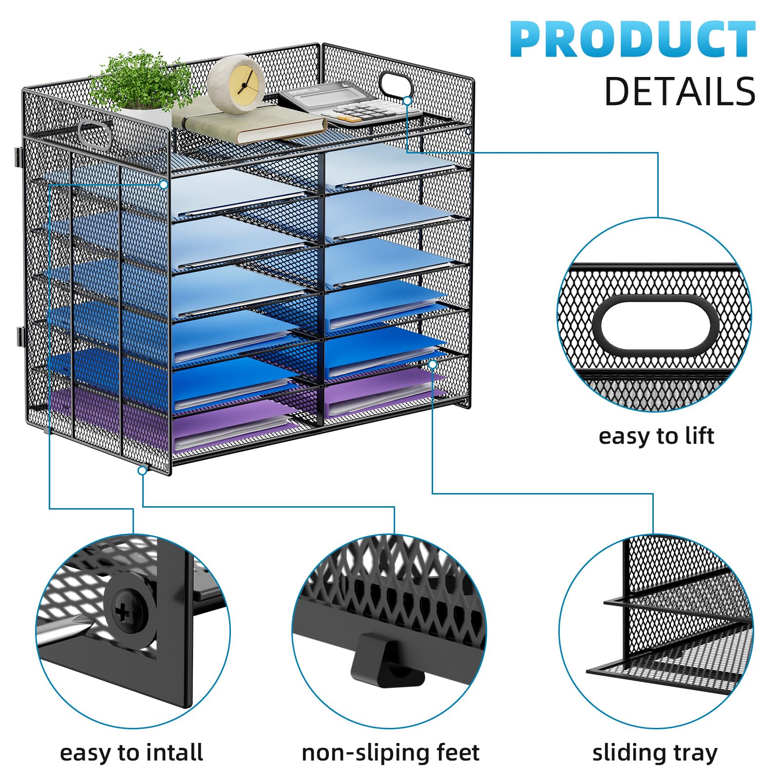 Lavatino 7-Tier Mesh Paper Organizer - Desktop File Sorter Tray with Handle for Office, Classroom & Home | Perfect for Mail, Documents & Office Supplies (Black)