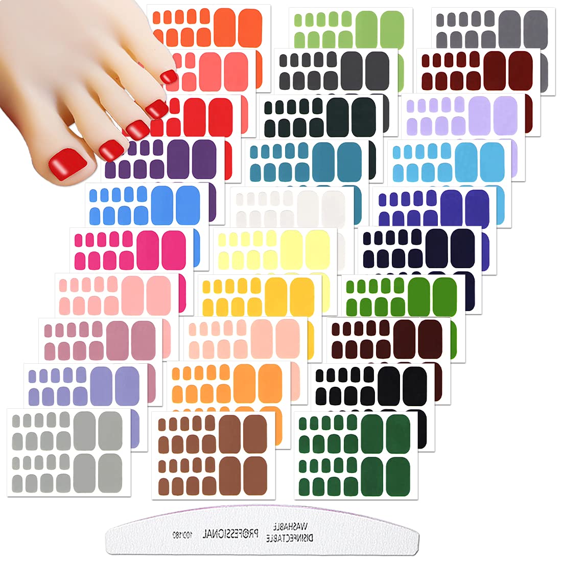 XEAOHESY 30 Sheets Solid Color Toe Nail Strips - Self-Adhesive Nail Polish Strips Stickers, Nail Art Decals & Full Wraps for Women - Manicure Kit with Nail File - Perfect for Parties, Weddings & Daily Nail Care