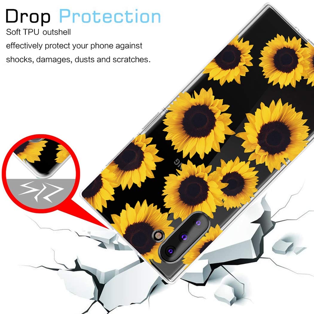 **Samsung Galaxy Note 10 5G Case - Clear Flexible TPU Bumper Cover with Sunflower Design | Cute & Protective Soft Silicone Phone Case for Everyday Use**