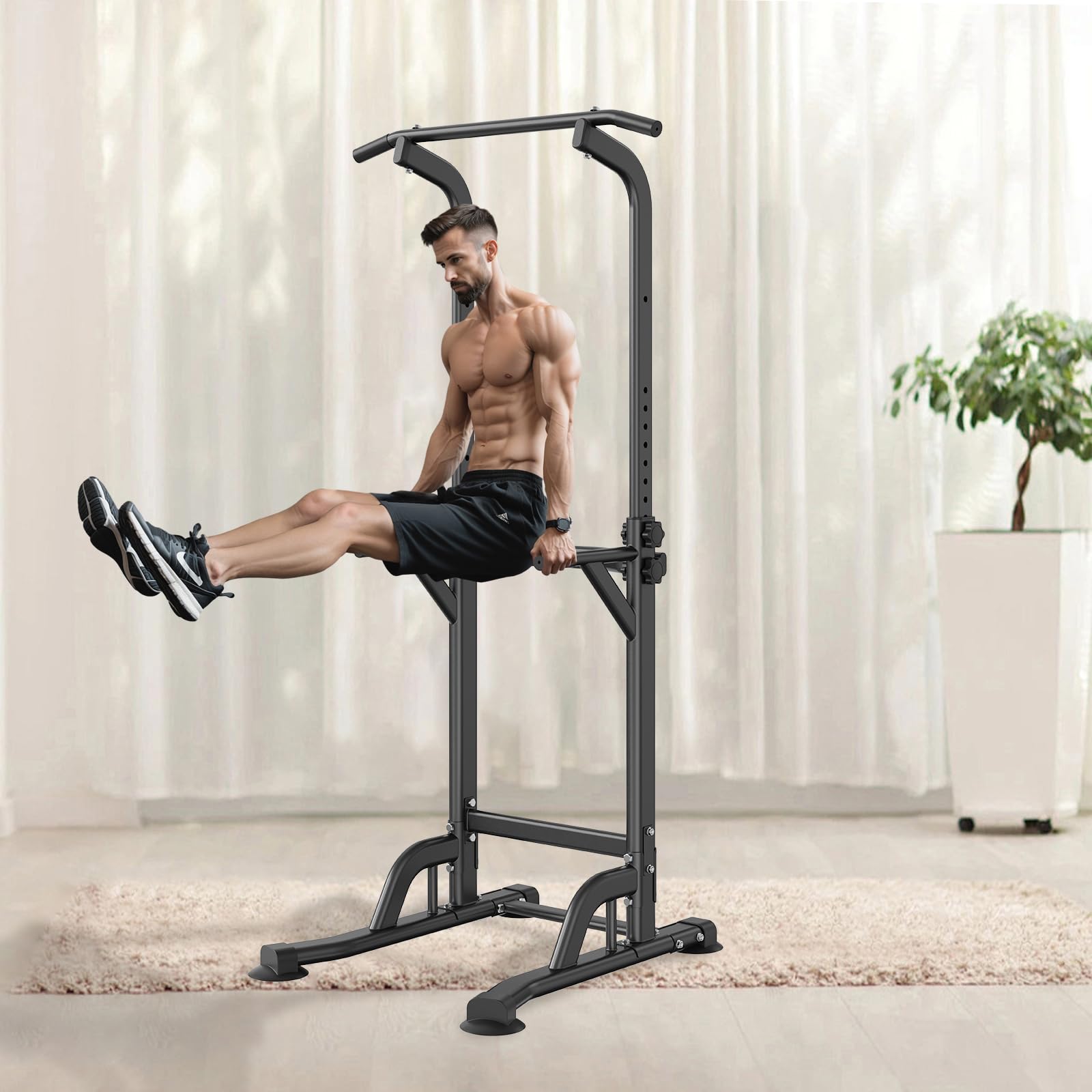 VEVOR Adjustable Power Tower Dip Station - 10-Level Pull-Up Bar Stand for Home Gym, Multi-Function Strength Training Equipment with 4 Suction Feet (330 lbs Capacity) - Perfect for Full-Body Workouts & Home Fitness Training