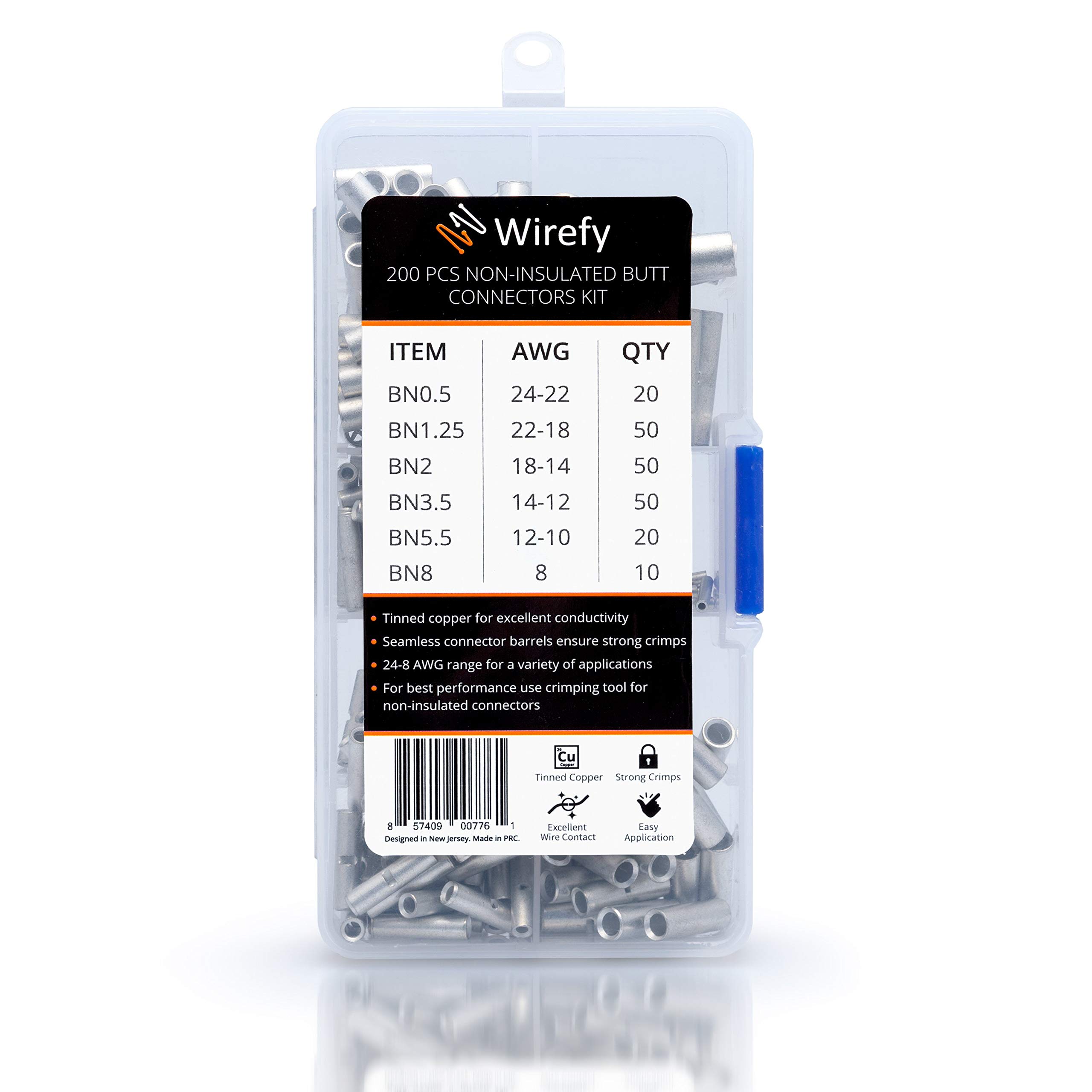 Wirefy 200 PCS Non-Insulated Butt Connectors Kit - 24-8 AWG Crimp Wire Connectors for Automotive, Marine & Electrical Wiring - High Conductivity Copper Splice Connectors for Secure Wire Joining