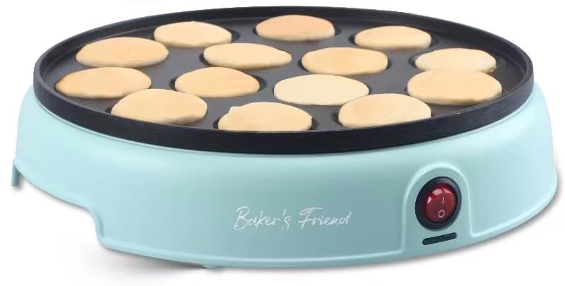 Baker's Friend Mini Pancakes Maker Machine - 14-Hole Electric Poffertjes Pan & Dutch Mini Pancake Griddle | Perfect for Breakfast, Snacks, Desserts | Quick & Easy Homemade Pancakes | Aquamarine Blue | Ideal for Family Breakfast, Kids' Parties & Holiday Brunches
