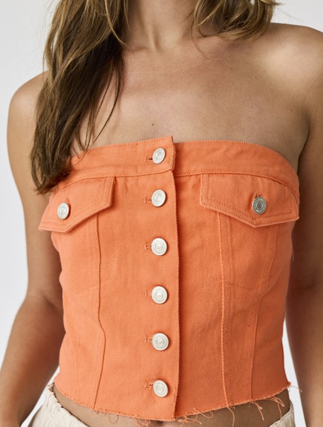Hanna Orange Denim Strapless Top for Women - Sexy Casual Summer Crop Top - Perfect for Beach, Parties & Night Out