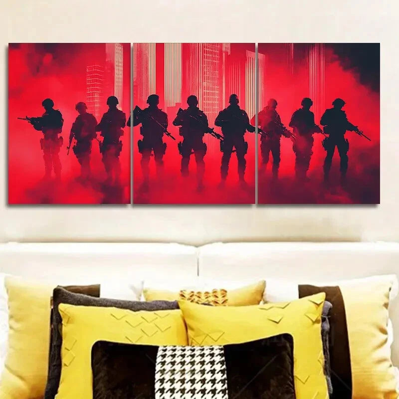 3-Piece Soldiers in Formation Silhouette Wall Art Set - Framed Canvas 40x60cm (16x24in) - High Quality Military Decor - Ready to Hang - Perfect for Home Office, Man Cave & Military Themed Rooms