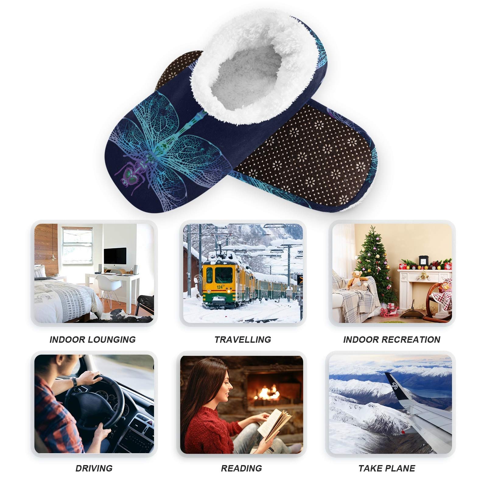 Dark Blue Dragonfly House Slippers for Women & Men - Ultra Soft Warm Indoor Bedroom Shoes for Winter Comfort | Cozy Home Lounging, Relaxing After Work, Spa Days