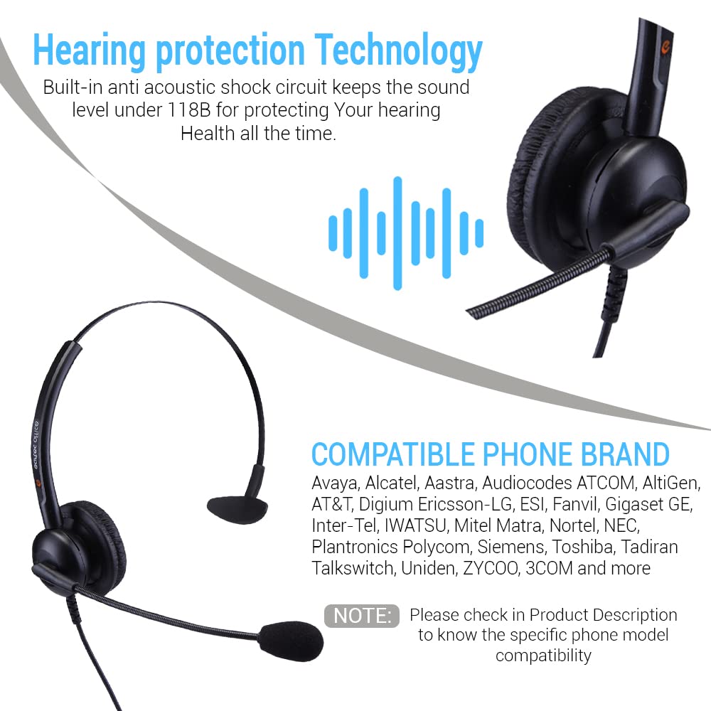 Avaya J139 J169 J179 IP Phone Single Ear Headset with FREE RJ9 Plantronics QD009 Cable - Office & Call Center Headphones for Business Communications