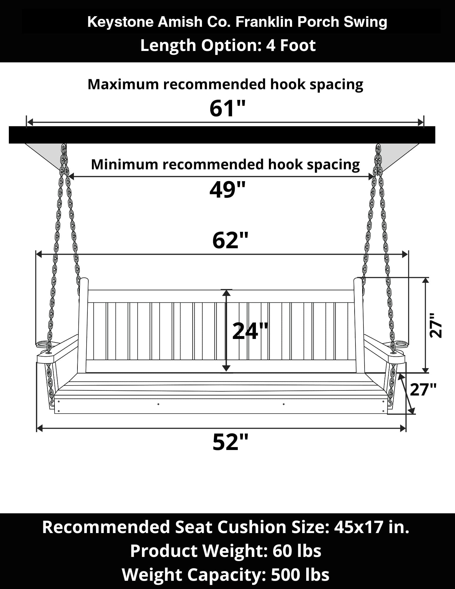 Keystone Amish Co. Franklin Porch Swing - Heavy Duty Cedar Wood Outdoor Swing with Weather-Resistant Finish - Perfect for Backyard, Garden, and Patio Relaxation