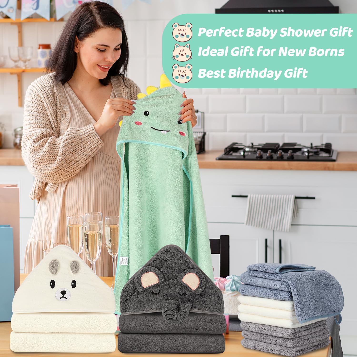 31x31 Inch Baby Hooded Towels - 12Pcs Soft Bath Towels for Boys & Girls, Cute Animal Design Washcloth Set, Newborn Infant Toddler Shower Towel Gift - Perfect for Bath Time, Swimming & Spa Days