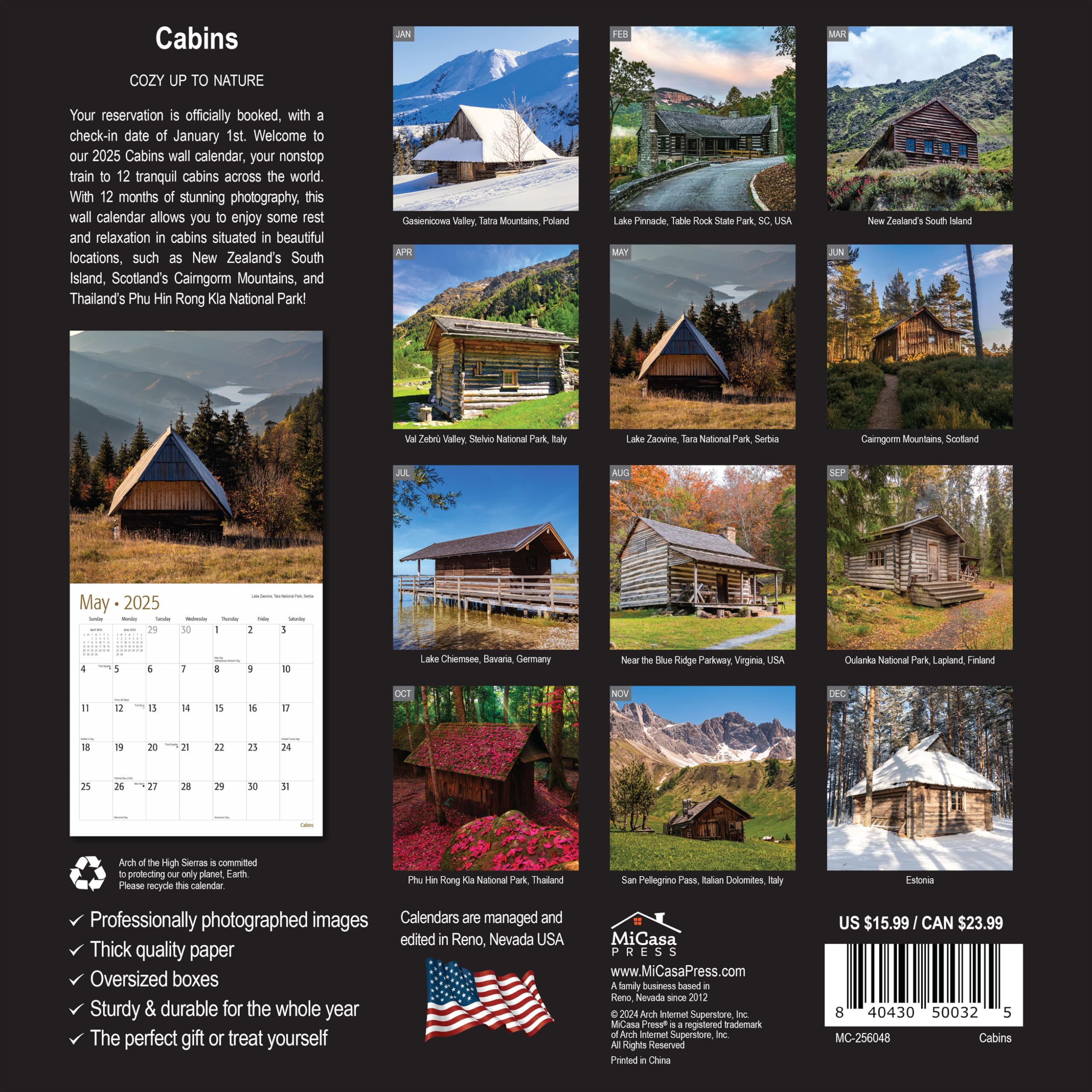 MICASA Cabins 2025 Wall Calendar - 12 Month Nature Scenes (12