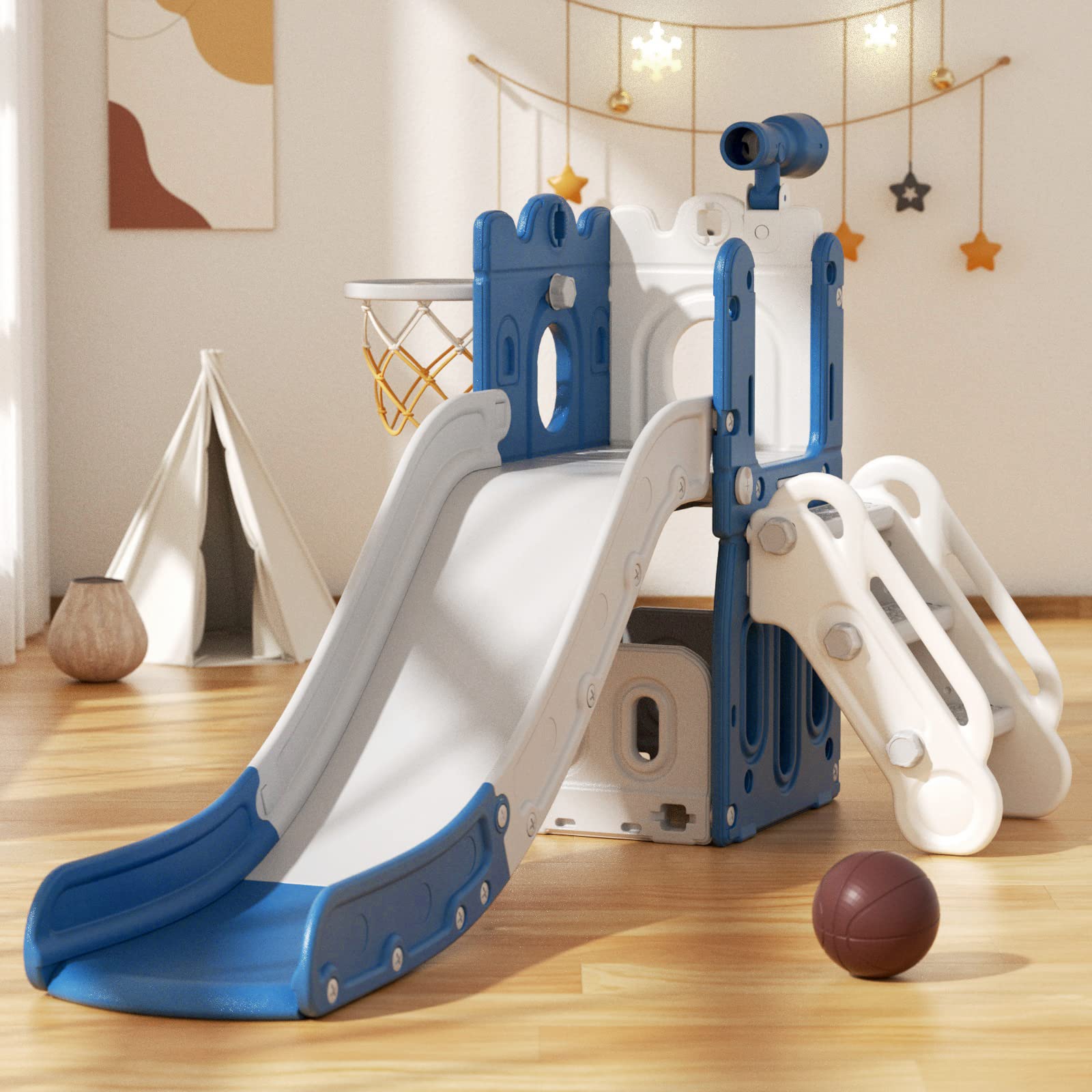 YUFU 6-in-1 Toddler Slide & Climber Set with Basketball Hoop - Indoor/Outdoor Playset for Kids Ages 1-3 Years (Blue Gray) - Perfect for Backyard, Playroom & Preschool Activities