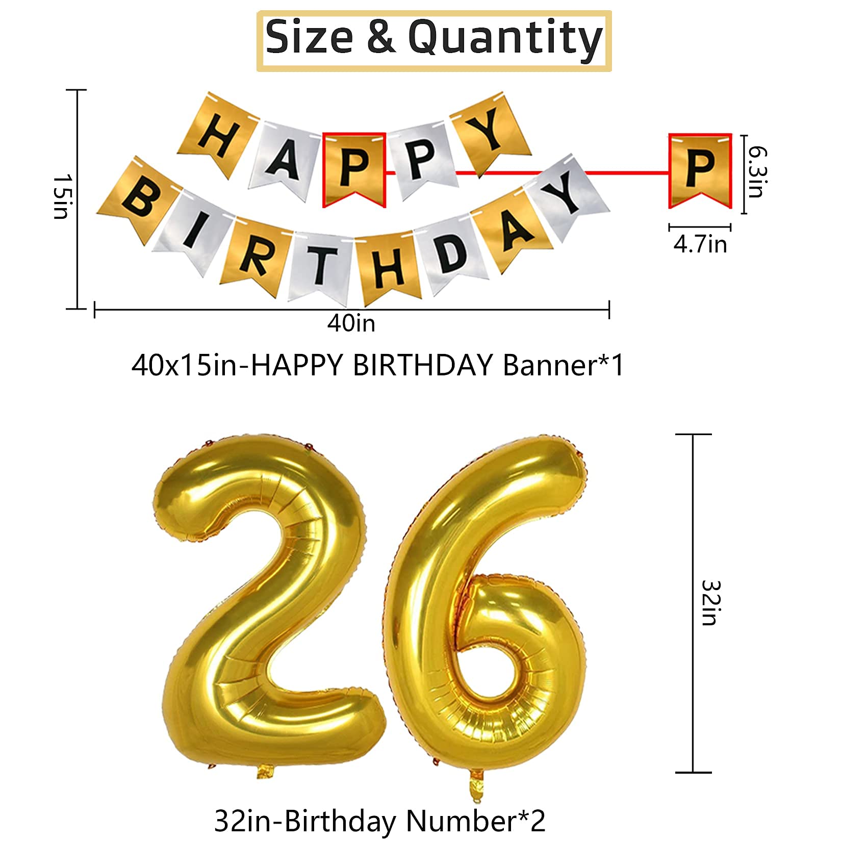 26th Birthday Party Decorations Set - Gold & Black Theme for Men & Women - Includes 26 Number Balloons & Happy Birthday Banner - Perfect for Adult Birthday Parties, Milestone Celebrations & Surprise Decorations
