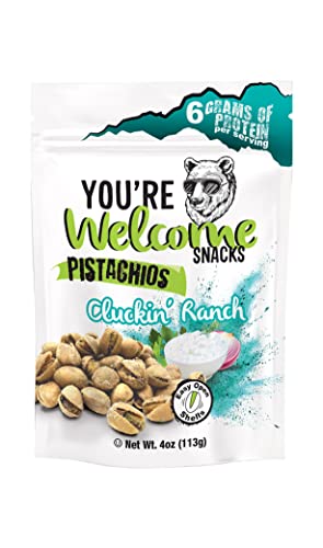 Premium You're Welcome Snacks Pistachios 4oz - Cluckin' Ranch Flavor - Single Pack (4 Ounce) - Perfect for Parties, Snacking & Gifts