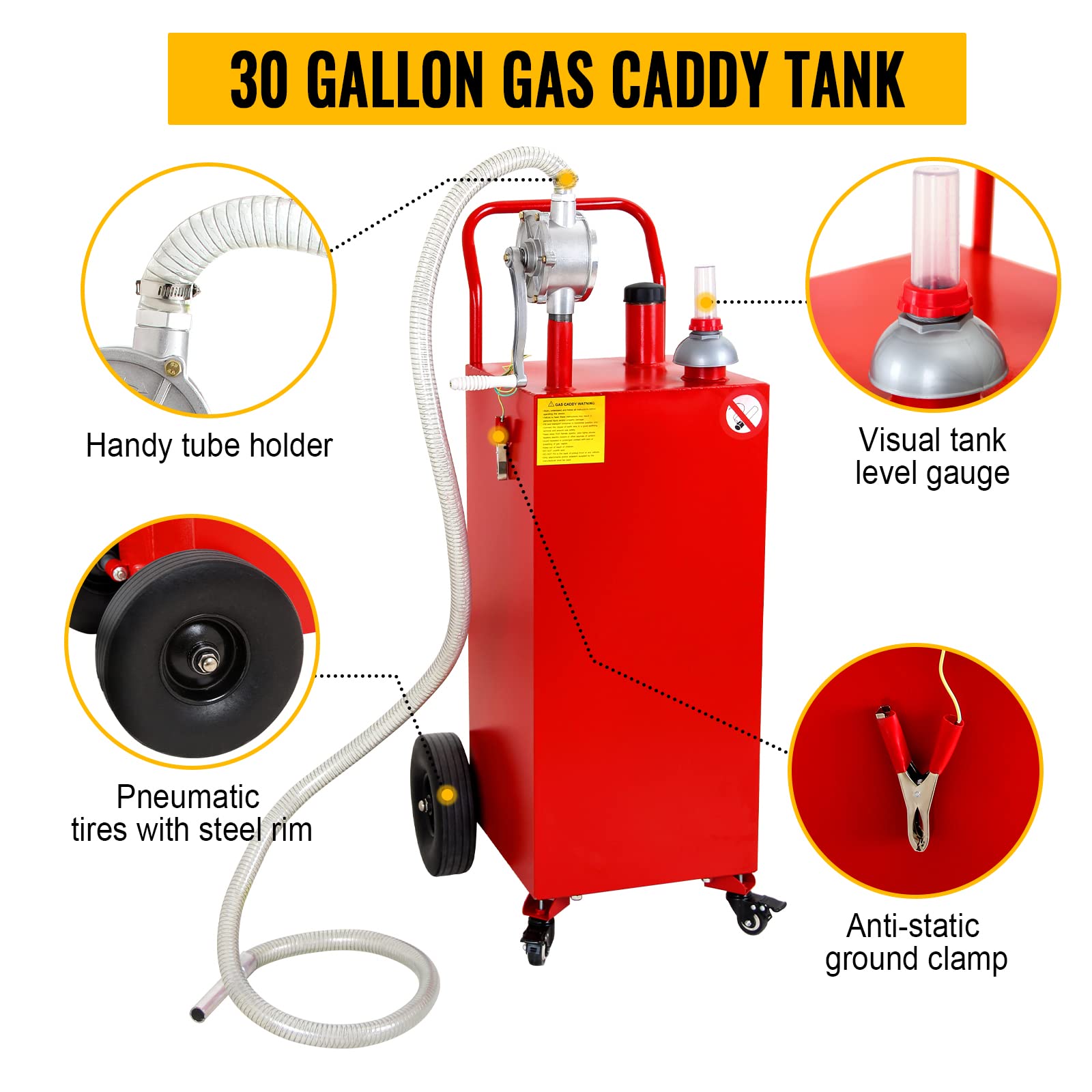 30 Gallon Portable Gas Caddy with Pump - 4 Wheel Rolling Fuel Storage Tank for Gasoline & Diesel - Heavy Duty Rubber Wheels for Cars, Lawn Mowers, ATVs, Boats, Motorcycles (Red) - Ideal for Garage, Farm, Construction Sites & Outdoor Equipment Fueling