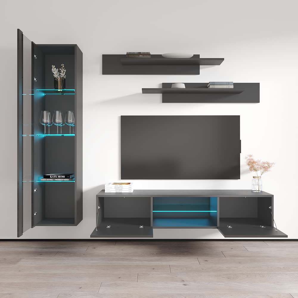 Modern G2 Gray Wall-Mounted TV Stand with Storage Shelves & LED Lights - Meble Fly G 33 Entertainment Center Console for Living Room & Bedroom - Perfect for Movie Nights, Gaming Setup and Space-Saving Home Decor