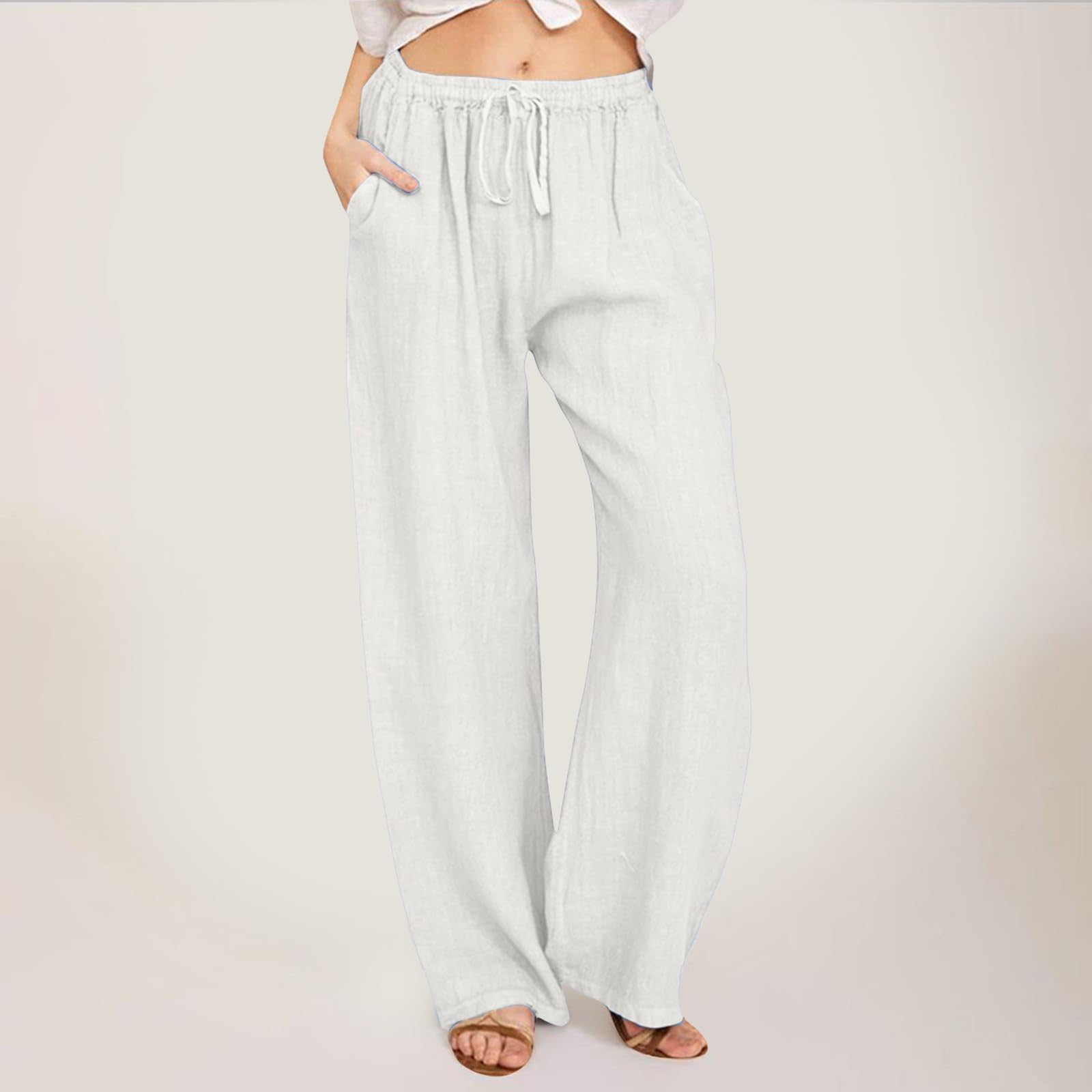 Women's Wide Leg Linen Pants with Drawstring Waist - Comfortable Elastic Casual Cotton Sweatpants for Work, Lounge & Travel