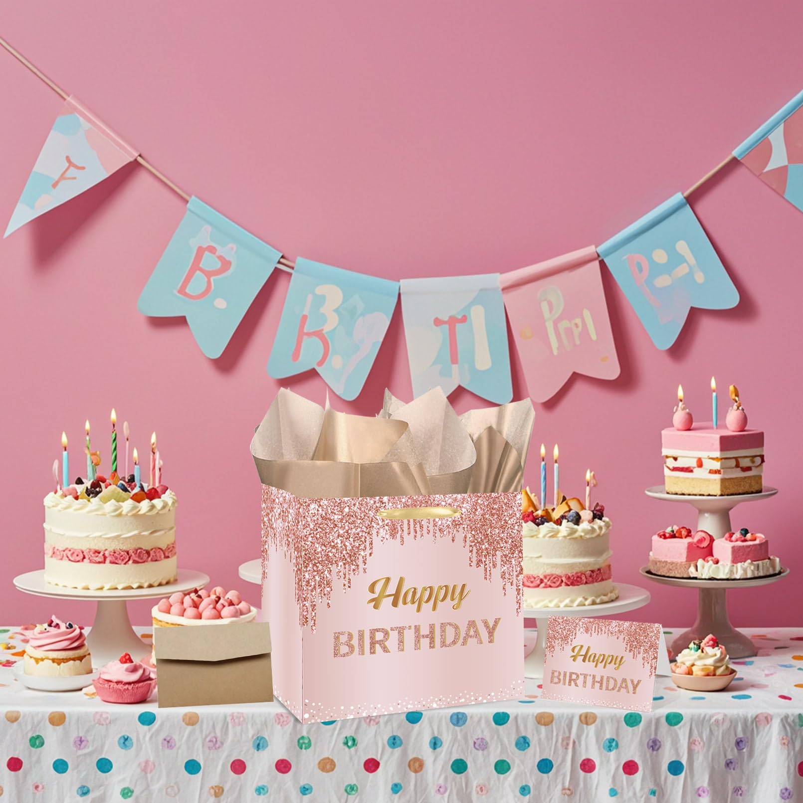 GOLDCROW 7 Inch Rose Gold Birthday Gift Bags with Tissue Paper & Card - Small Square Pink Party Favor Bags for Birthday Presents, Baby Showers, Bridal Showers & Special Occasions
