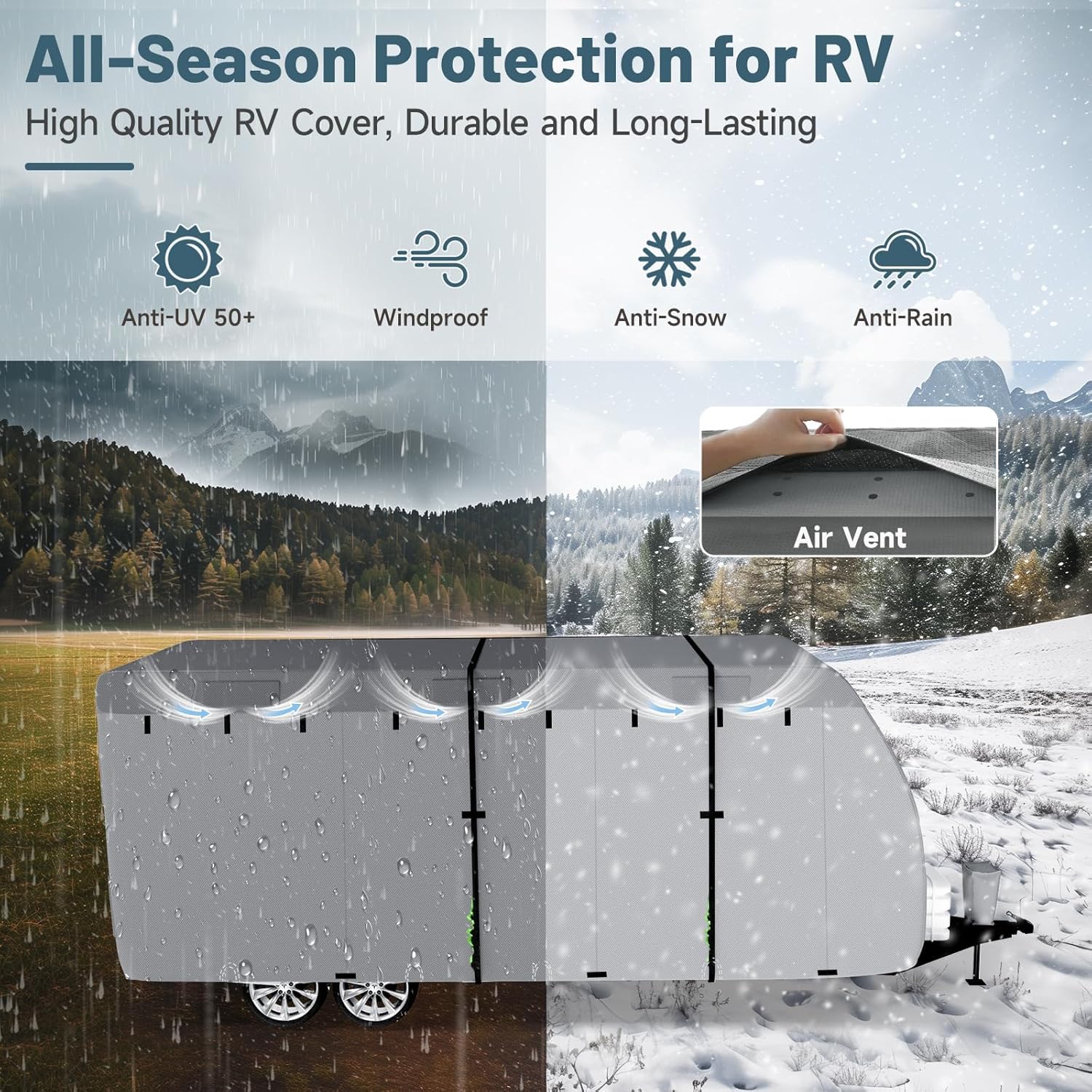 Umbrauto 30-33ft Heavy Duty Travel Trailer Cover - 7-Layer Windproof Waterproof RV Cover for Toy Haulers with Tongue Jack & Gutter Protection - Perfect for Outdoor Storage & Winter Protection