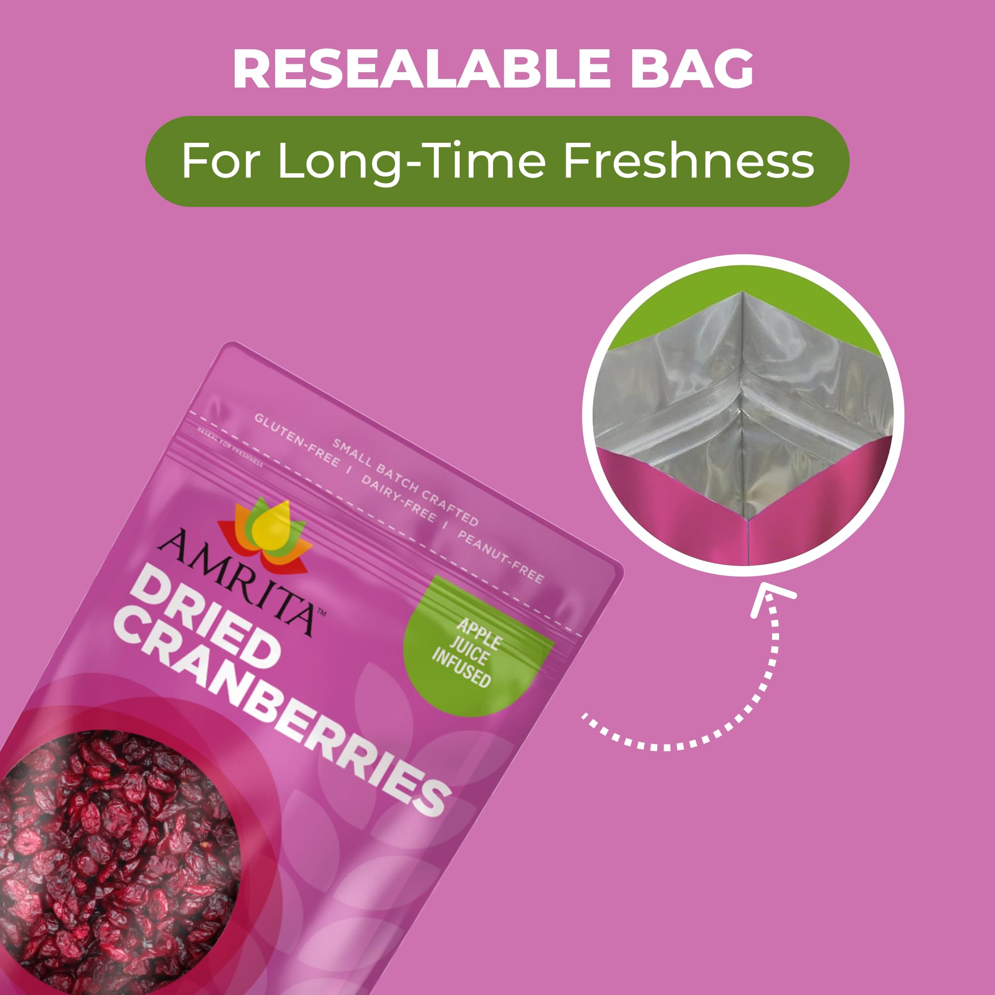 Amrita Dried Cranberries 1 lb - Sweetened with Apple Juice, Unsulfured, Gluten Free, Non-GMO, No Preservatives | Resealable Bag for Freshness | Perfect for Healthy Snacks, Salads, Baking & Trail Mix | Great for On-the-Go, Lunch Boxes & Dessert Toppings