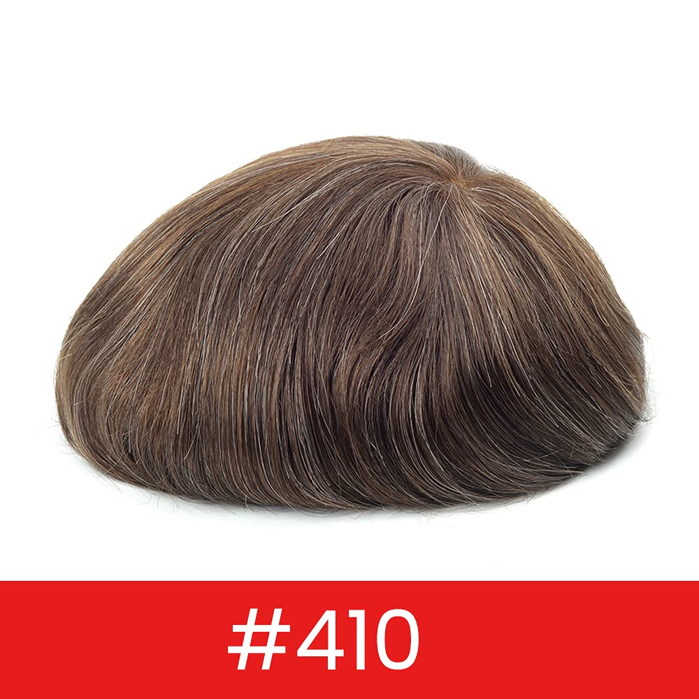 Premium 100% Human Hair Toupee for Men - 0.08mm Natural Skin Base, 8x10 Inch V-Looped Hair System in Medium Bark Brown with 10% Gray (#410) - Perfect for Daily Wear, Special Occasions & Hair Loss Solutions