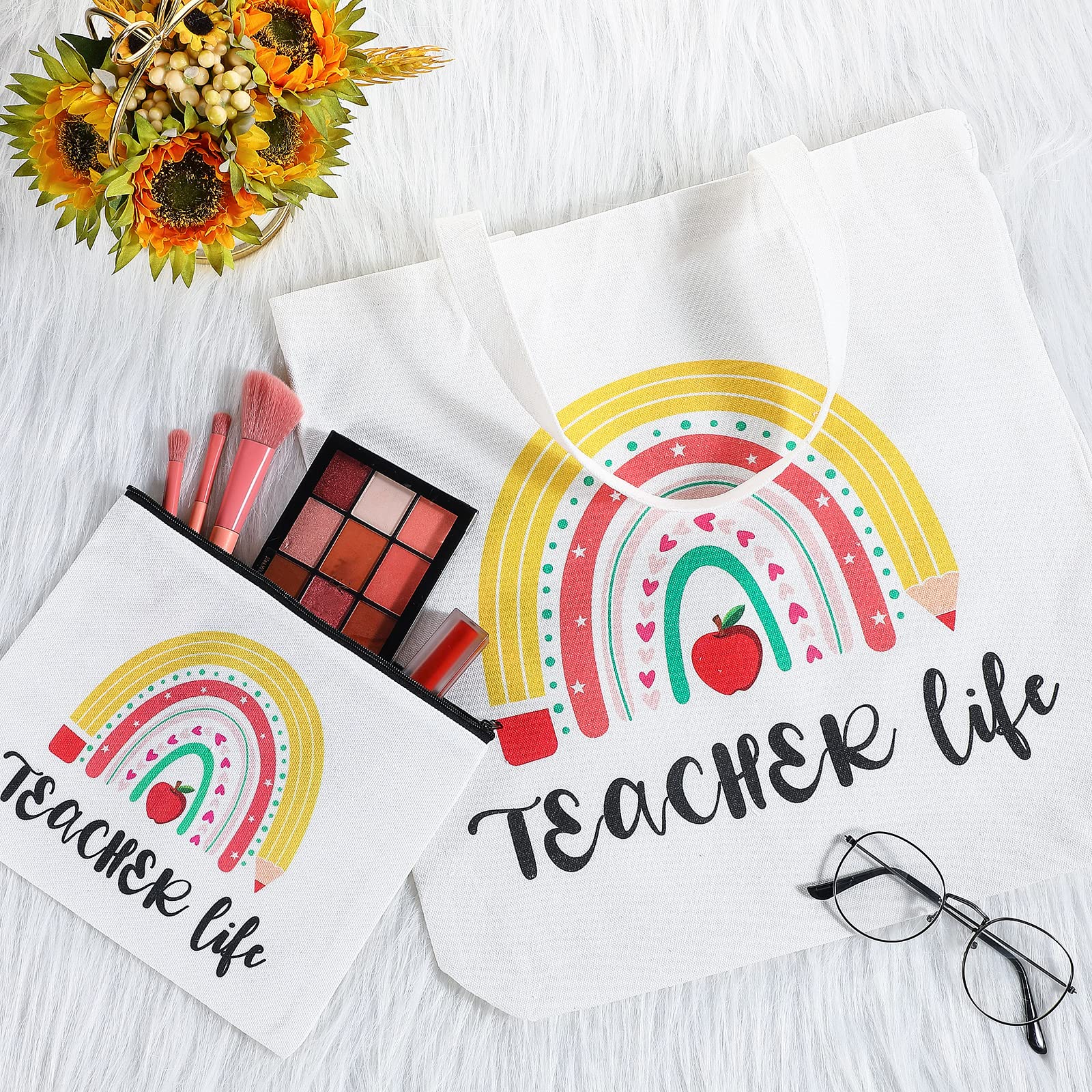 Amylove 10-Piece Teacher Appreciation Gift Set - Canvas Tote Bag & Makeup Pouch for Women - Perfect for Teacher Week, End of Year Gifts & Back to School Supplies