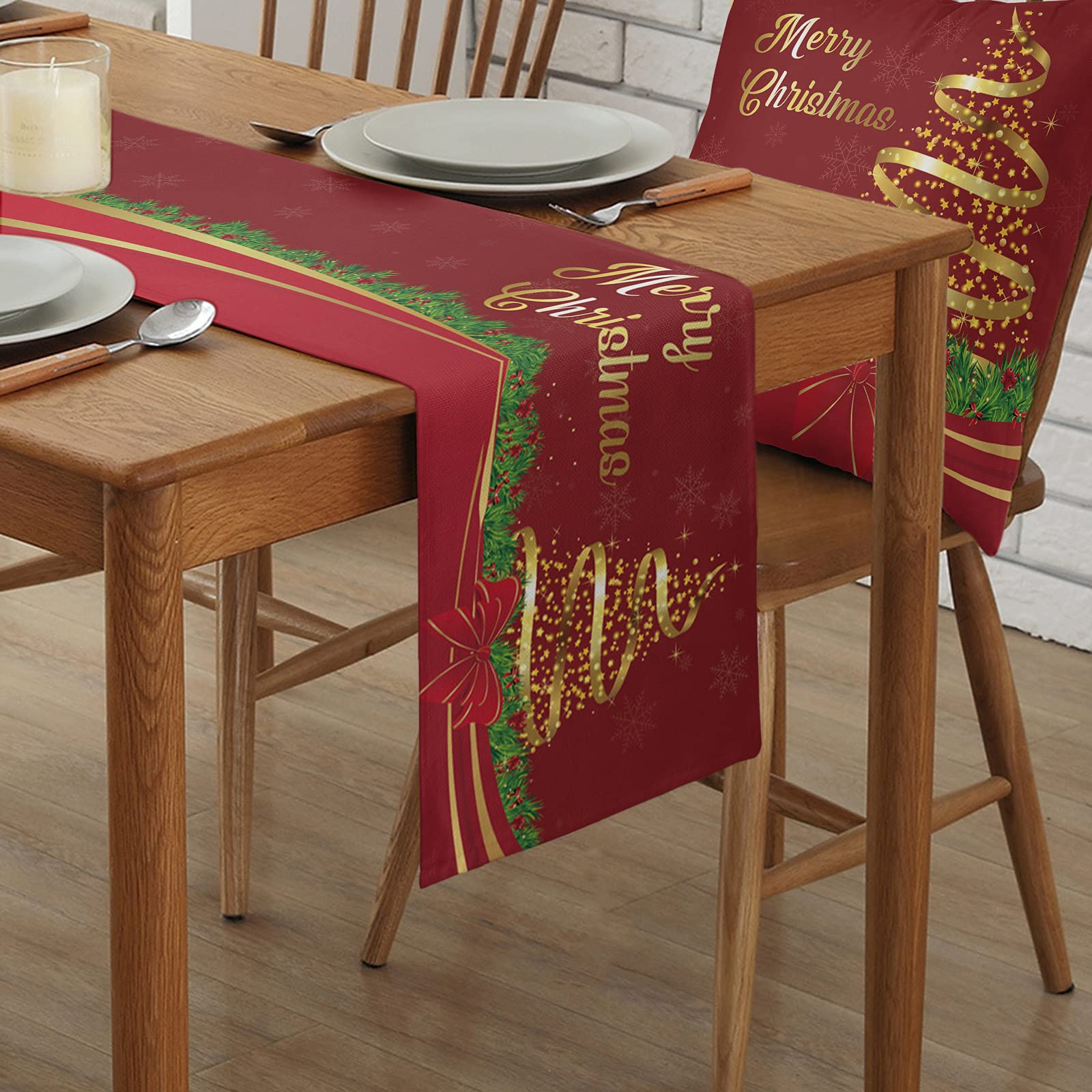 90 Inch Christmas Table Runner - Golden Xmas Tree Red Holiday Dining Table Decor for Kitchen, Banquet & Coffee Table | Farmhouse Style Merry Christmas Party Decoration | Perfect for Holiday Gatherings & Festive Home Decor