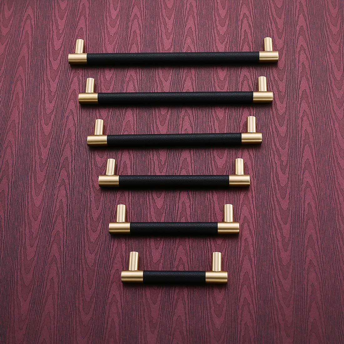 Brushed Satin Gold/Brass Cabinet Handles with Black Leather - 10 Pack (4