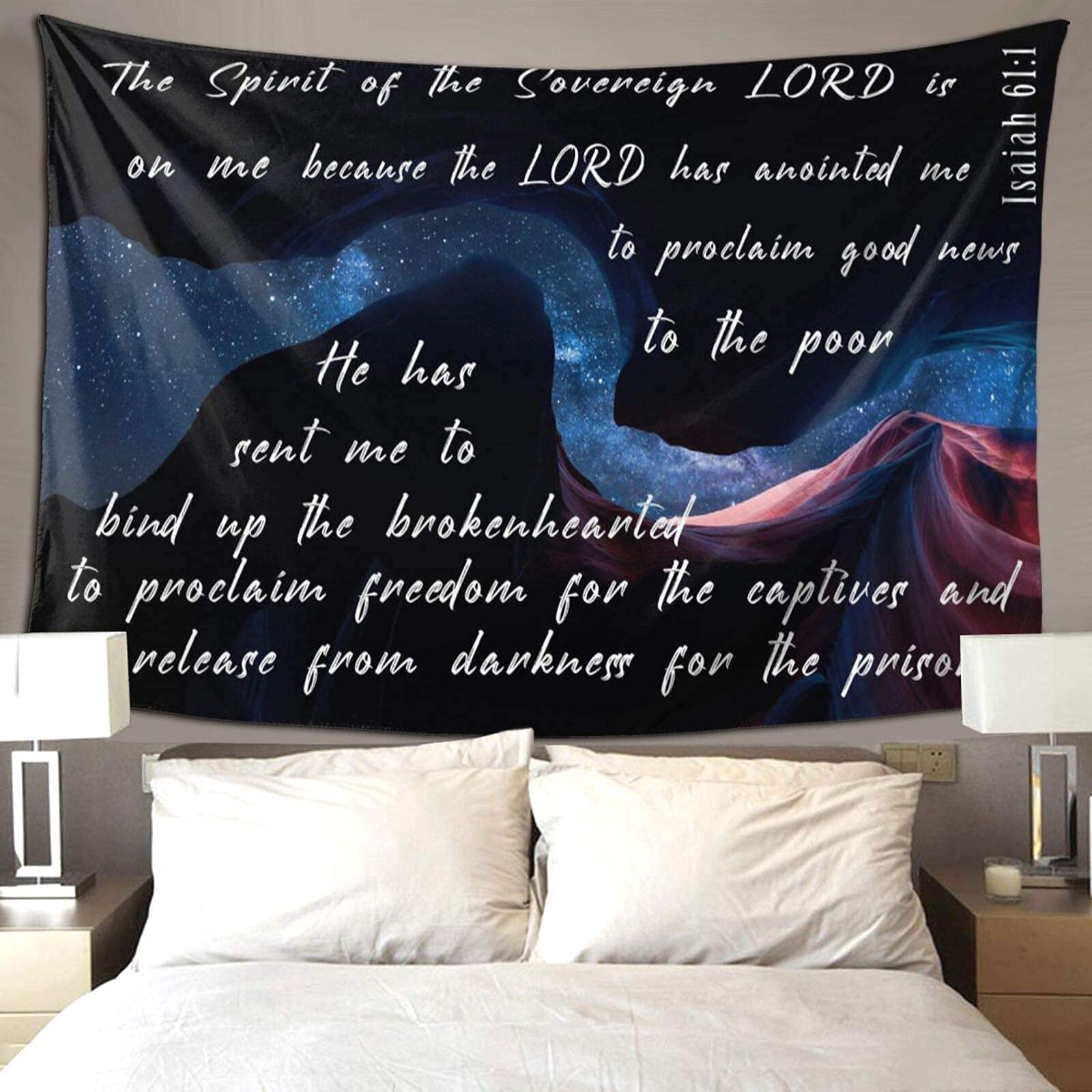 Christian Galaxy Tapestry with Bible Verses - Isaiah 61-1 Wall Hanging Decor for Bedroom & Living Room (90x60 in) - Perfect for Prayer Spaces & Home Aesthetics