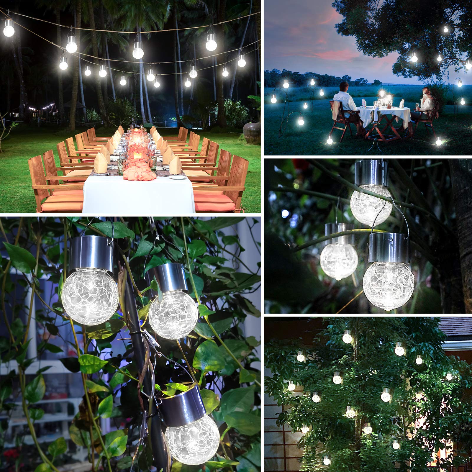 12 Pack Solar Powered Outdoor Hanging Lights - Waterproof Crackle Glass Ball String Lights with Hooks for Garden, Patio, Balcony & Christmas Decor (Daylight White) | Perfect for Backyard Parties, Wedding Decorations & Holiday Lighting