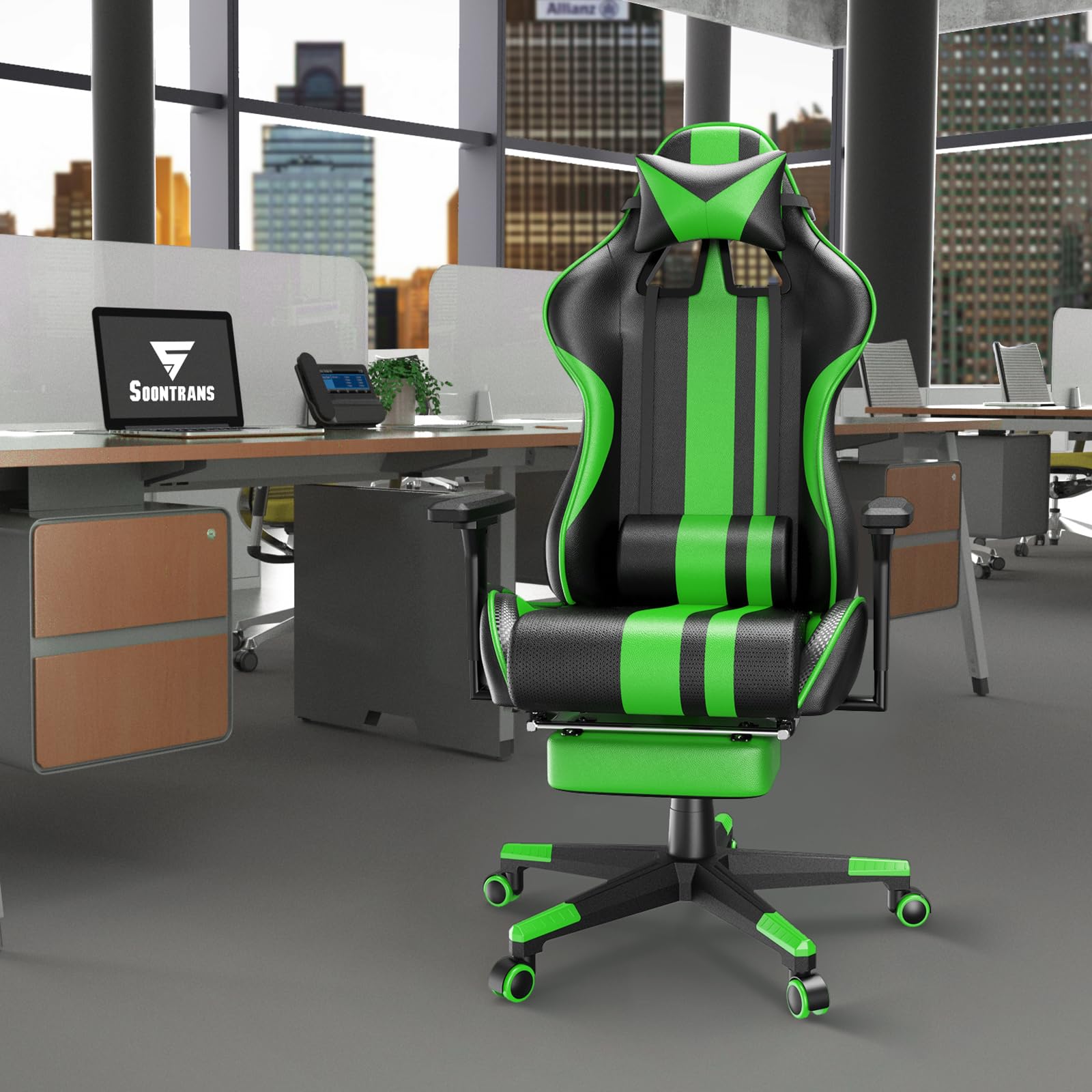 Soontrans Green Ergonomic Gaming Chair with Footrest - PU Leather Office Computer Chair with Adjustable Lumbar Support & Headrest for Adults - Perfect for Home Gaming Setup, Work from Home & Office Workspace
