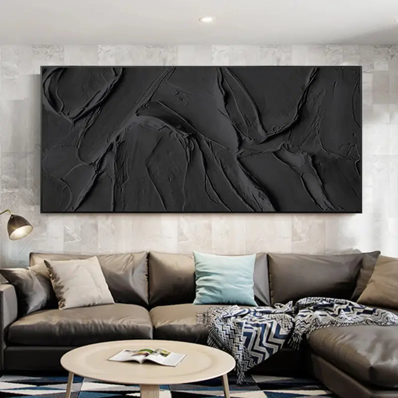 Black Plaster Art Minimalist Textured Painting - Modern Abstract Wall Decor for Living Room, Bedroom & Office | #MZ020