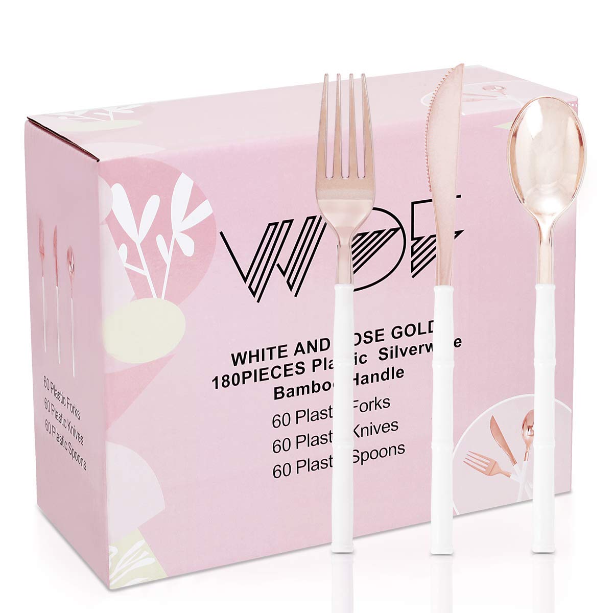 60-Piece Rose Gold Plastic Plates & 180-Piece Rose Gold Plastic Cutlery Set - Elegant Disposable Tableware for Parties, Weddings, and Events