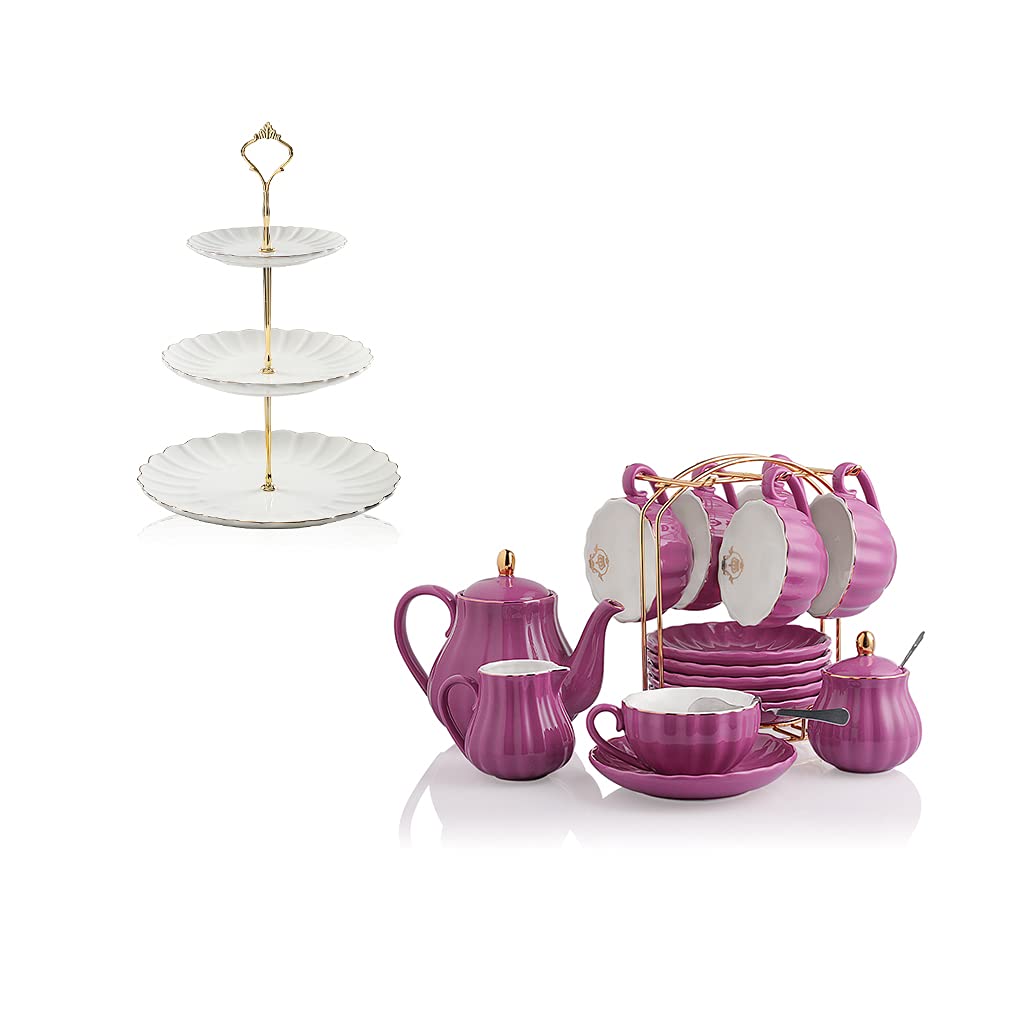 SWEEJAR British Royal Porcelain Tea Set - 8 OZ Teacups with Saucers, Teapot, Sugar Bowl, Cream Pitcher, Teaspoons & Tea Strainer + 3-Tier Ceramic Cake Stand | Elegant High Tea, Wedding, Bridal Shower & Afternoon Party Serving Set