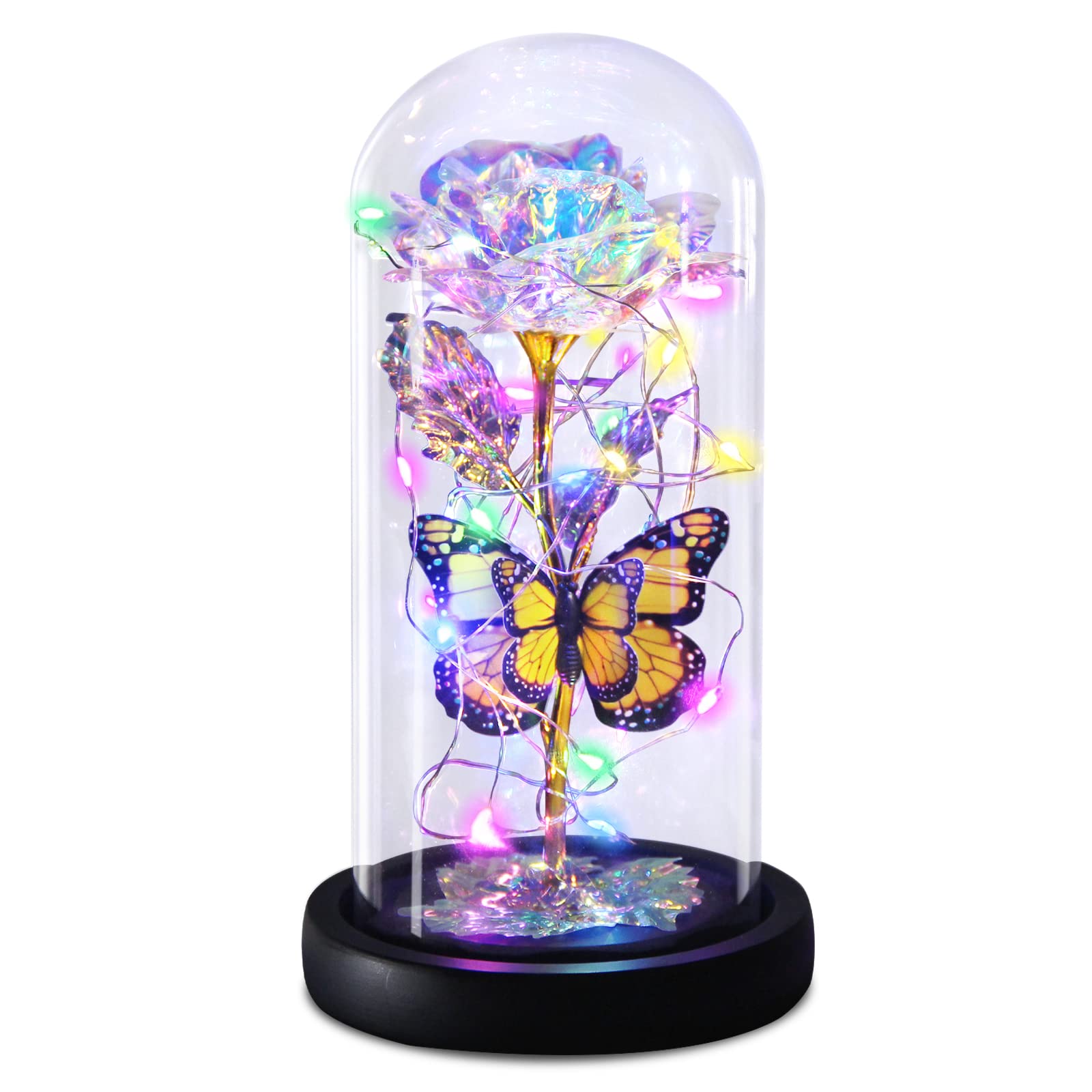 Galaxy Butterfly Rose in Glass Dome - Light Up Forever Rose Gift for Women, Mom, Grandma, Wife | Birthday, Mother's Day, Valentine's, Anniversary & Thanksgiving Present | Romantic Home Decor & Special Occasion Gift Idea