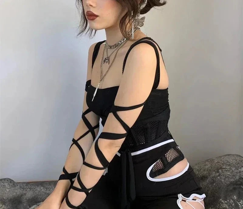 Black Mesh Lace Up Bandage Crop Top - Fairy Grunge Aesthetic Cyber Y2K Mall Goth Tank Top - Sexy Gothic Streetwear for Concerts, Raves & Alternative Fashion