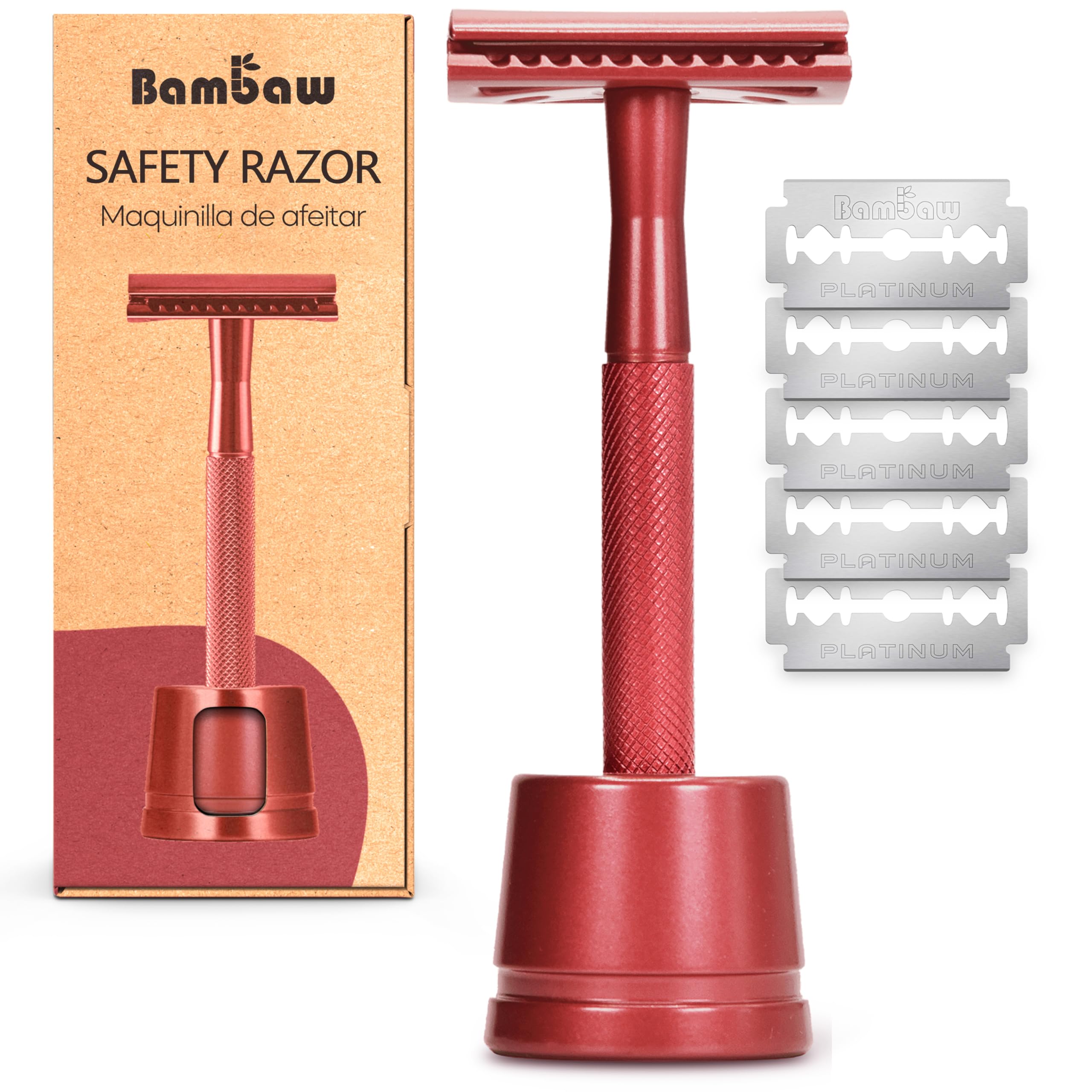 Bambaw Double Edge Safety Razor with Stand - 5 Stainless Steel Blades Included - Eco-Friendly Men's Shaving Kit - Perfect for Wet Shaving & Travel - Red
