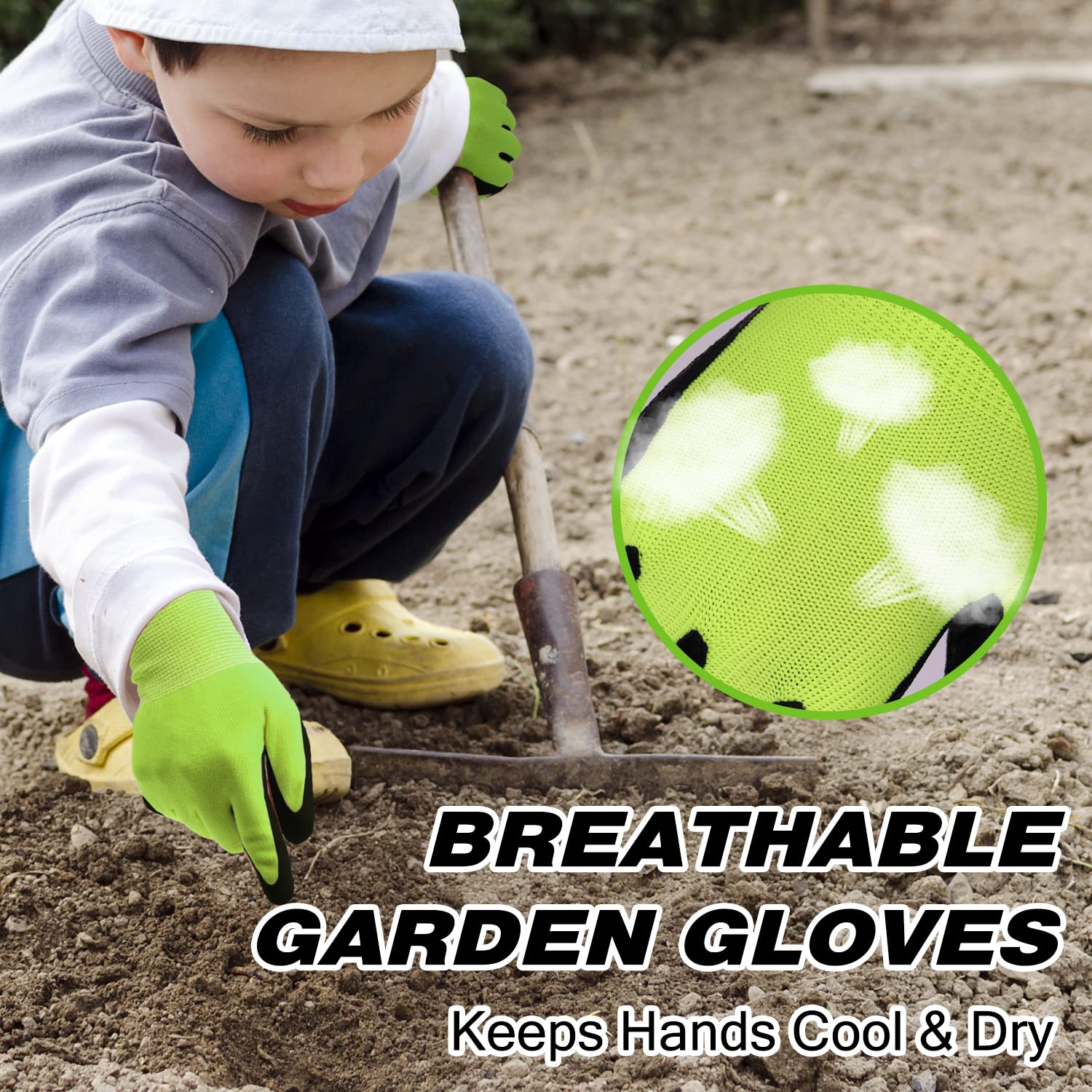 Kids Gardening Gloves 3 Pairs - Age 3-12, Rubber Work Gloves for Boys & Girls - Outdoor Play & Planting