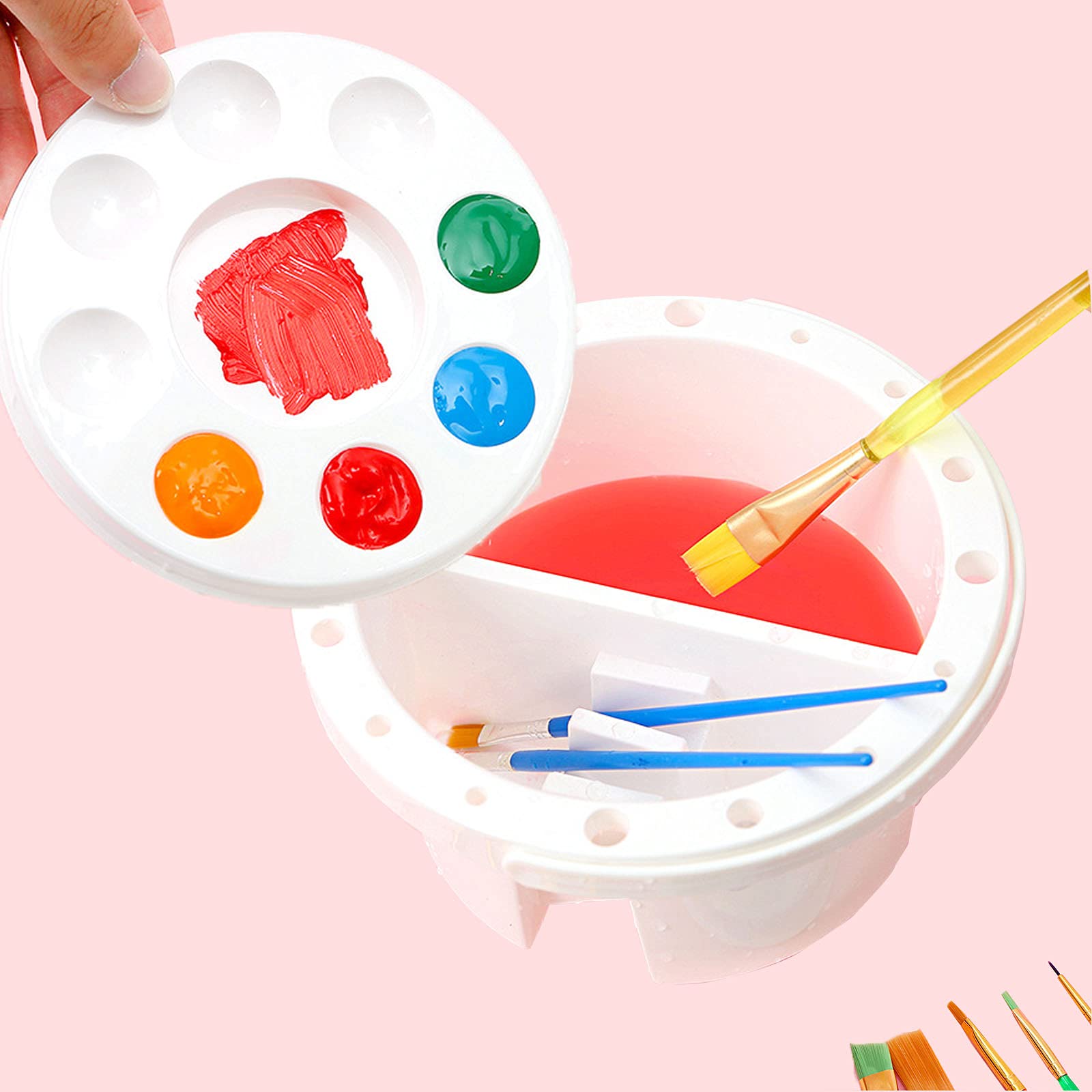 Professional Art Brush Cleaner Pot with Holder & Palette Lid - White Round Paint Brush Washer Basin for Watercolor & Oil Painting - Perfect for Studio, Classroom & Home Art Projects