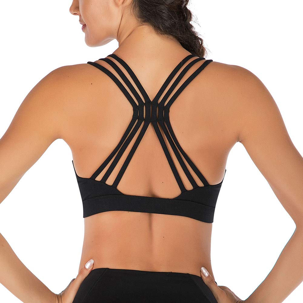 Women's Cross Straps Sports Bra - High Support Workout Yoga Bra with Removable Pads - Breathable Fitness Top for Running, Gym & Yoga (Black, Medium)