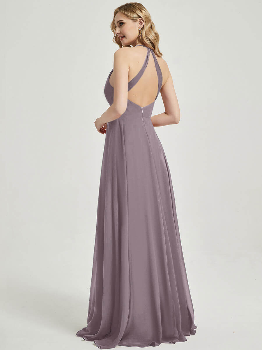 Elegant Dusk Pleated Halter V-Neck Backless A-Line Chiffon Bridesmaid Dress for Wedding Party & Formal Events
